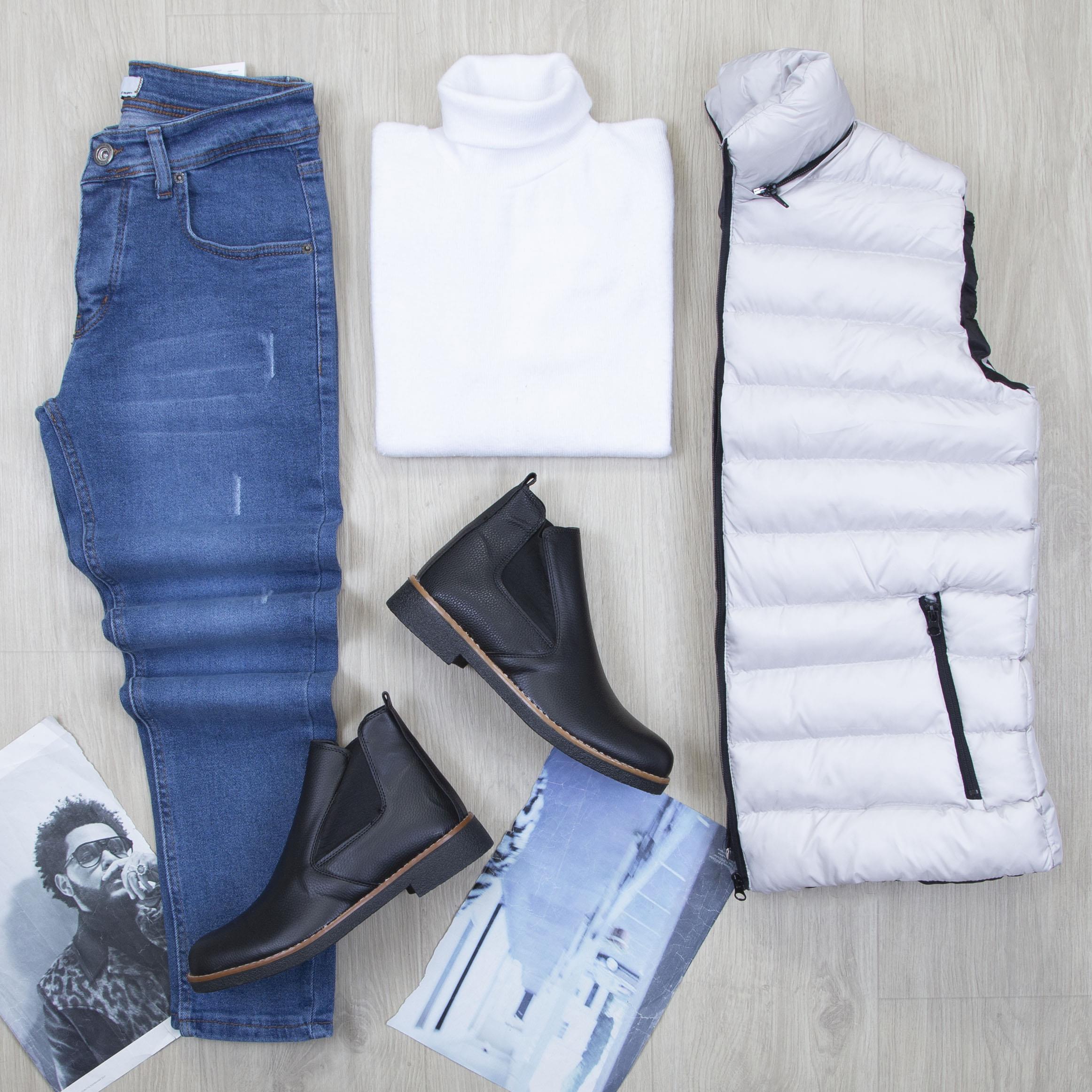 Çıkarılabilir Kapşonlu Gri Şişme Yelek Boğazlı Body Pantolon Bot Kombin