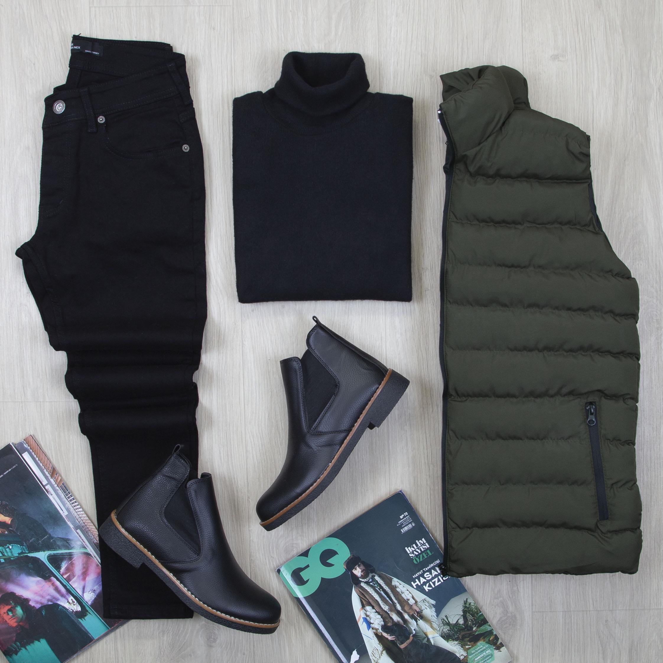 Çıkarılabilir Kapşonlu Haki Şişme Yelek Boğazlı Body Pantolon Bot Kombin