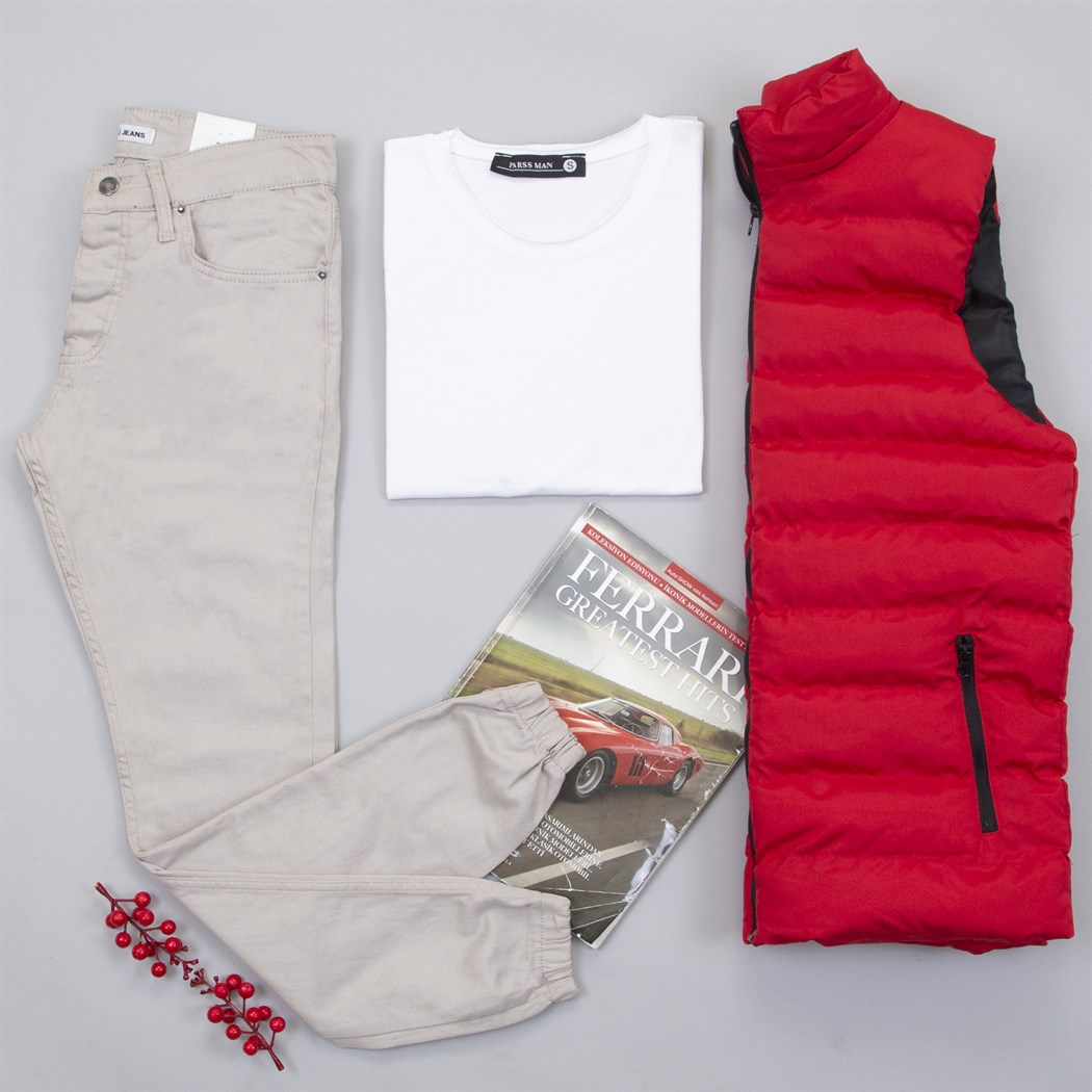 Çıkarılabilir Kapşonlu Kırmızı Şişme Yelek Tişört Paça Lastikli Pantolon Kombin