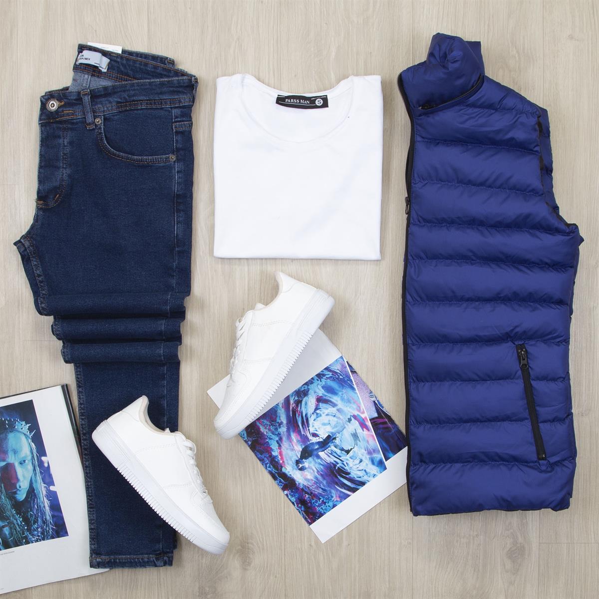 Çıkarılabilir Kapşonlu Lacivert Şişme Yelek Tişört Pantolon Ayakkabı Kombin