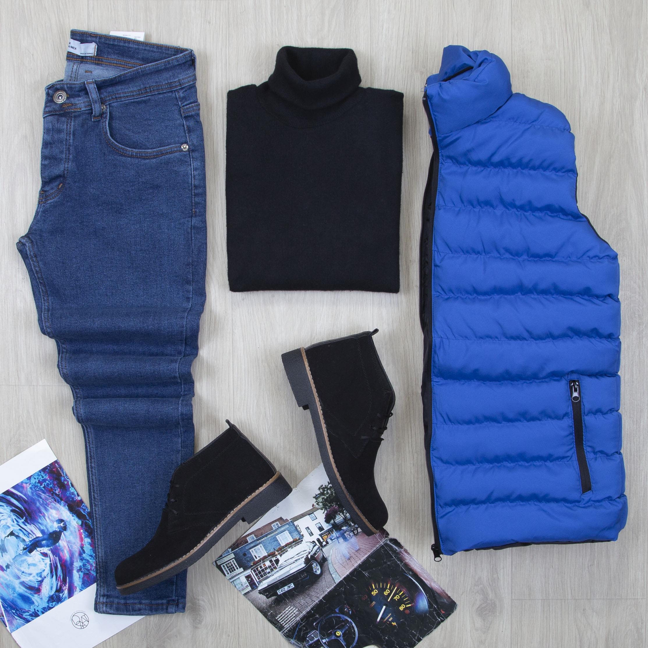 Çıkarılabilir Kapşonlu Mavi Şişme Yelek Boğazlı Body Pantolon Bot Kombin