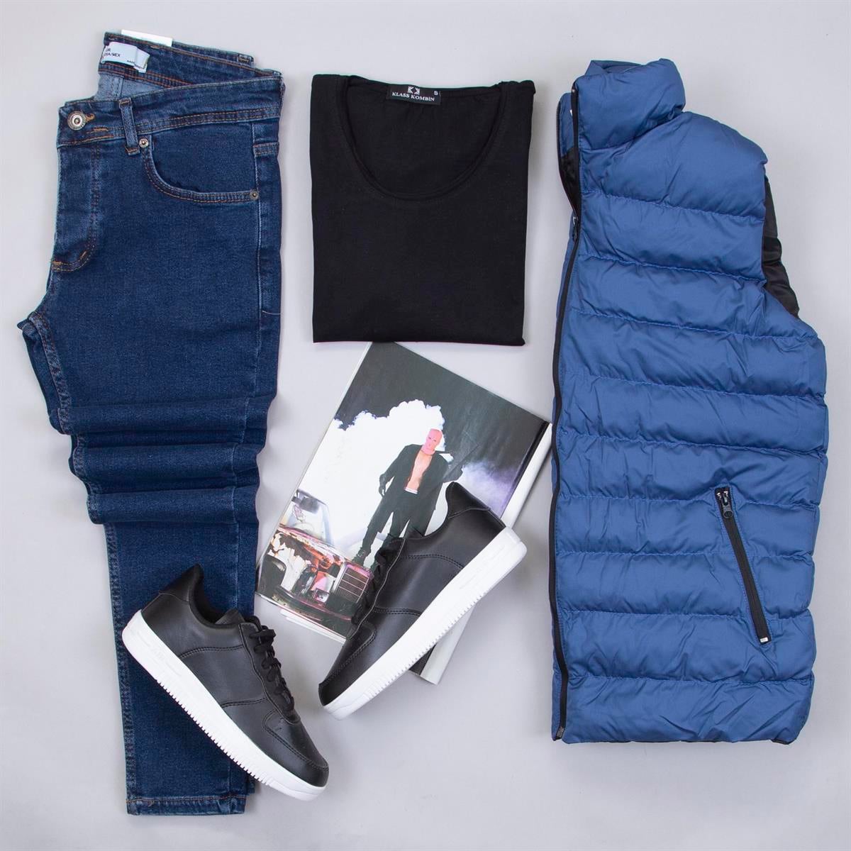 Çıkarılabilir Kapşonlu Mavi Şişme Yelek Tişört Pantolon Ayakkabı Kombin