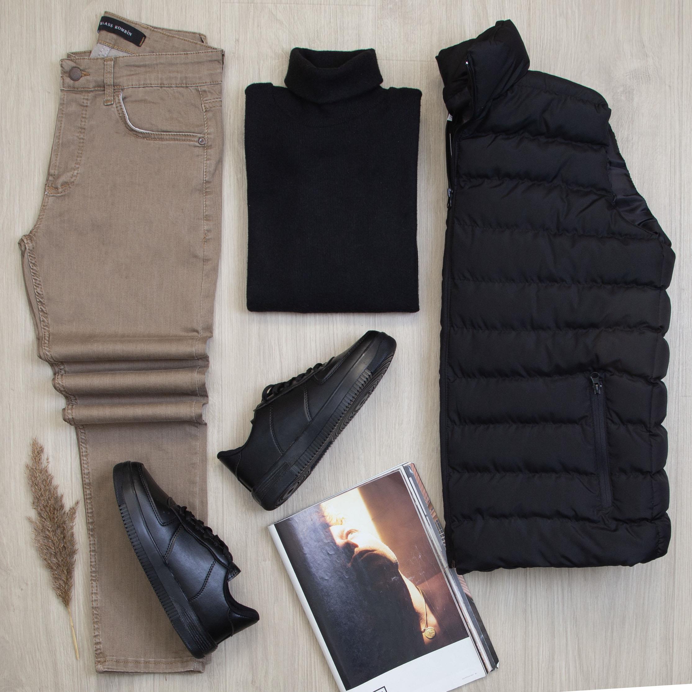 Çıkarılabilir Kapşonlu Siyah Şişme Yelek Boğazlı Body Pantolon Ayakkabı Kombin