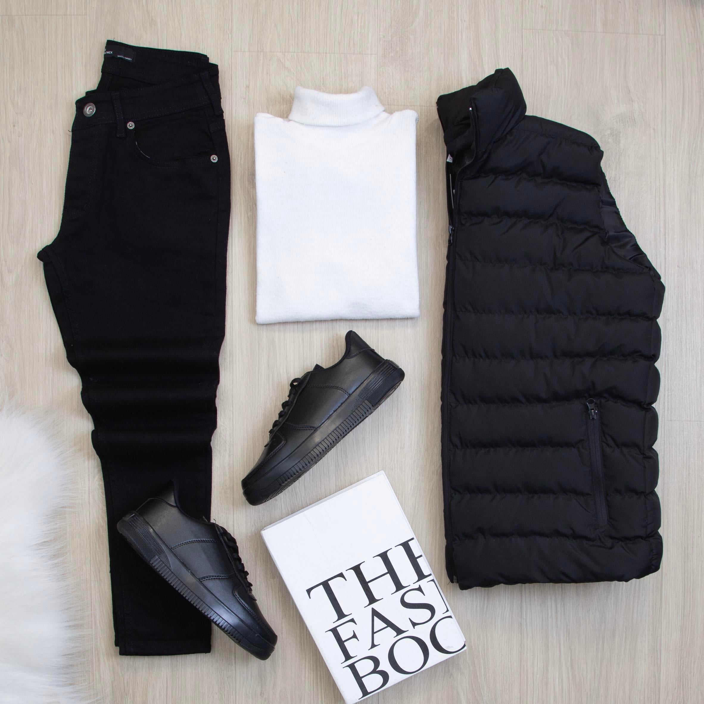 Çıkarılabilir Kapşonlu Siyah Şişme Yelek Boğazlı Body Pantolon Ayakkabı Kombin