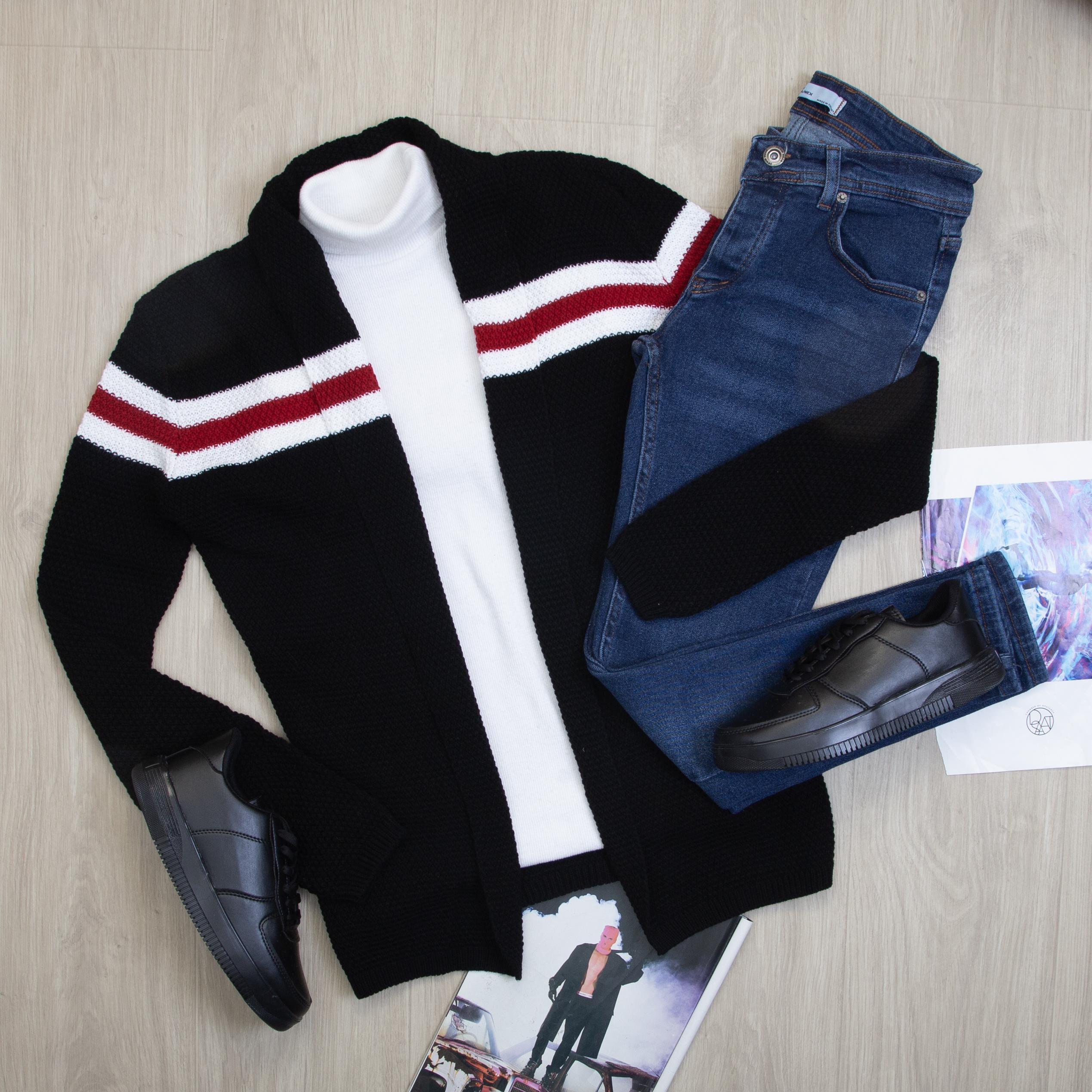 Çizgi Detaylı Hırka Boğazlı Body Pantolon Ayakkabı Kombin