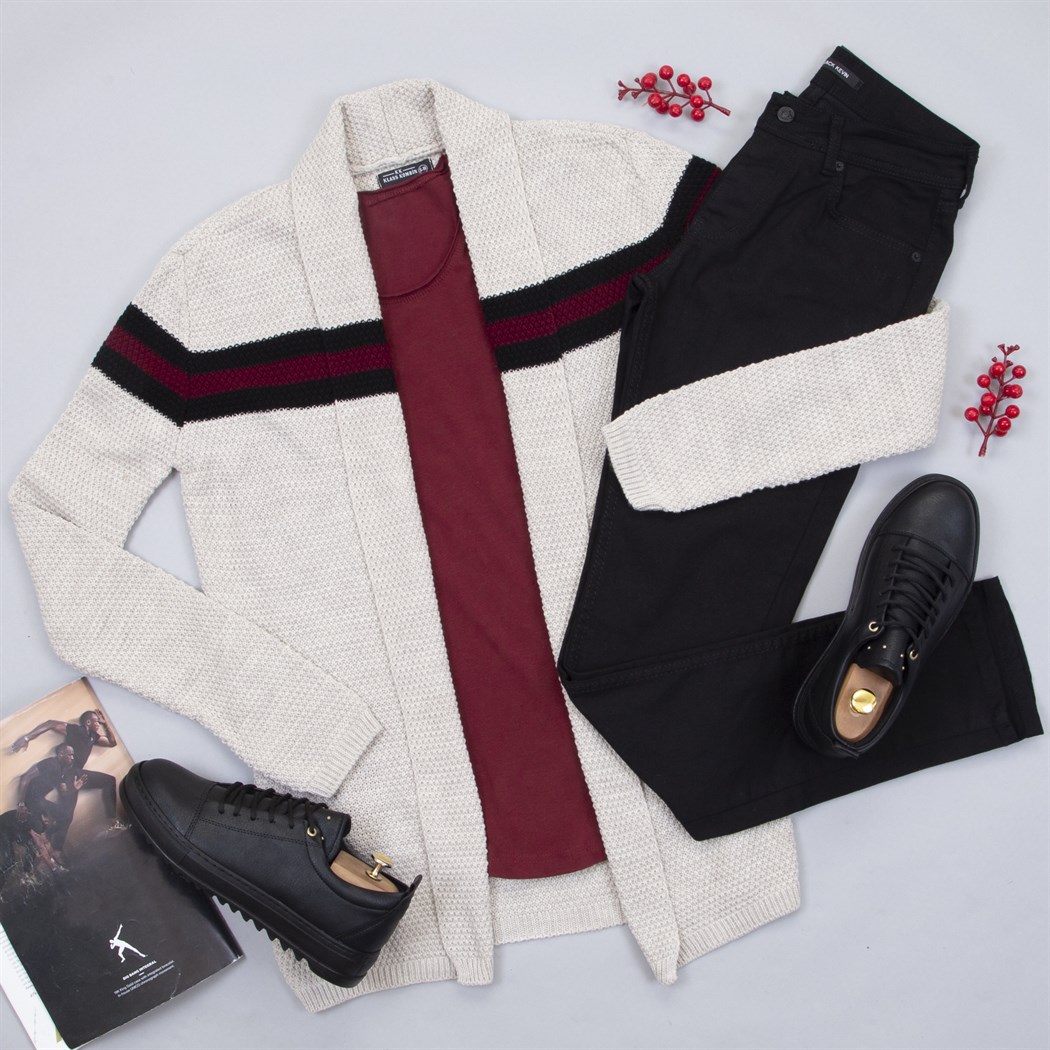 Çizgili Bej Hırka Tişört Pantolon Ayakkabı Kombin