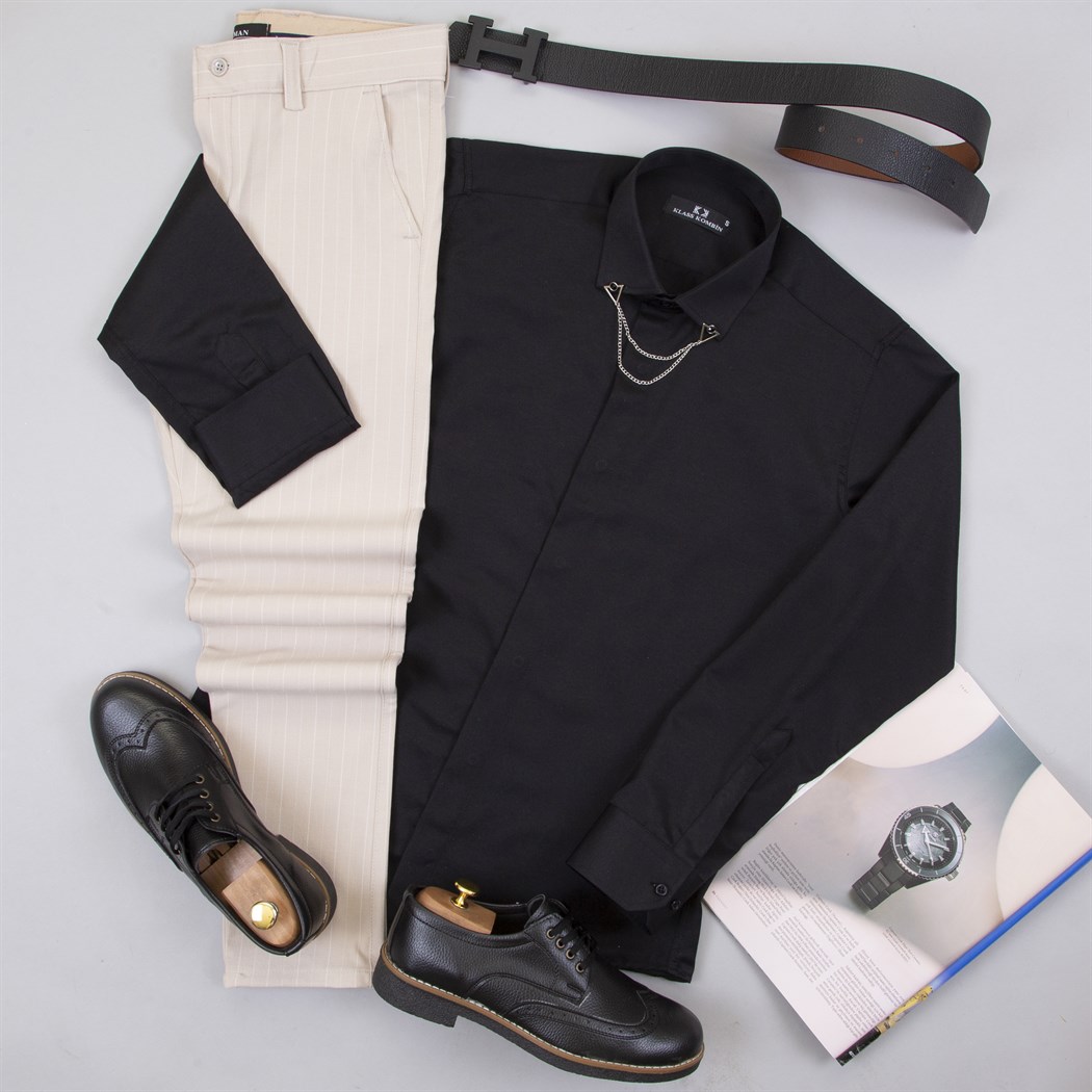 Çizgili Bej Pantolon Gömlek Ayakkabı Kombin