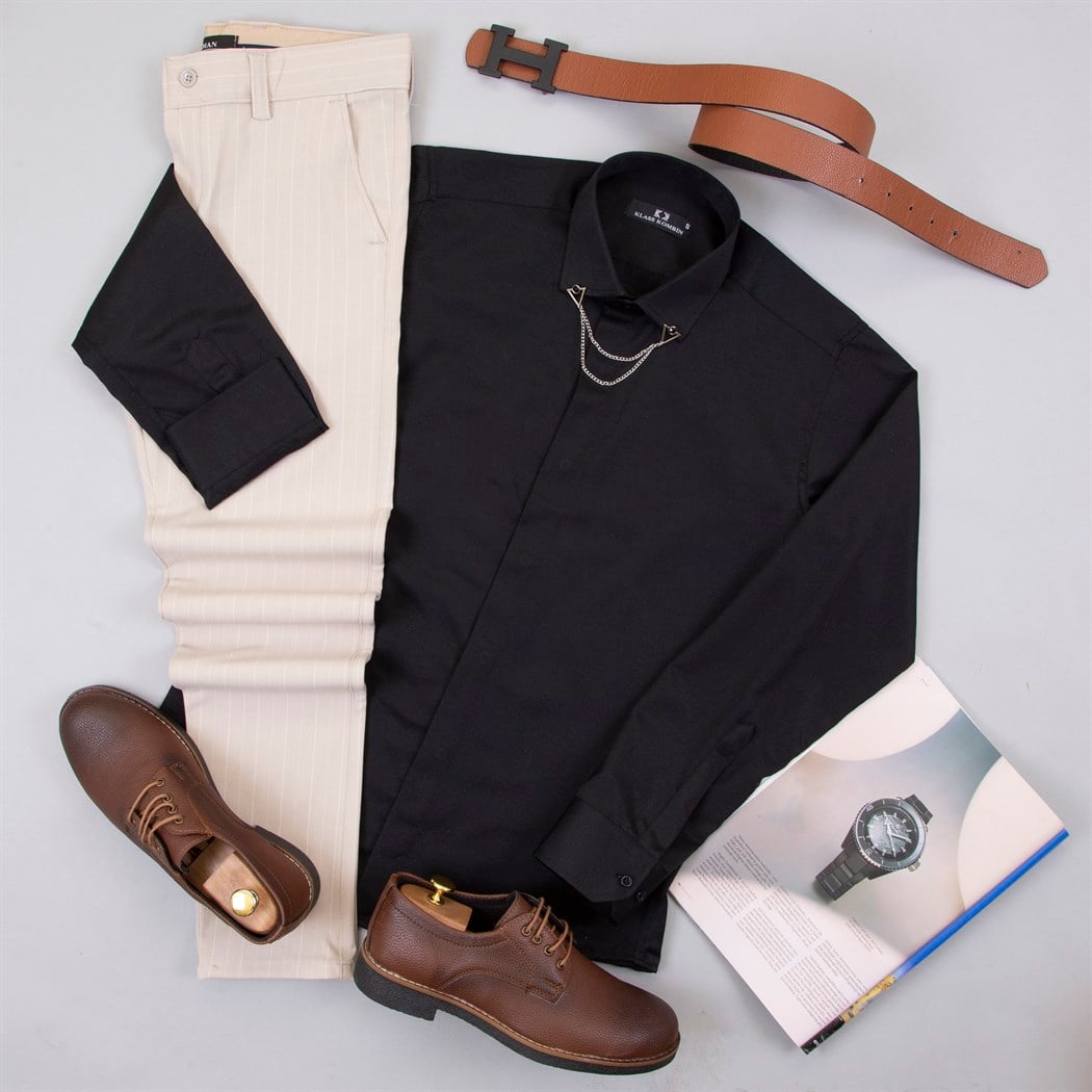 Çizgili Bej Pantolon Gömlek Ayakkabı Kombin