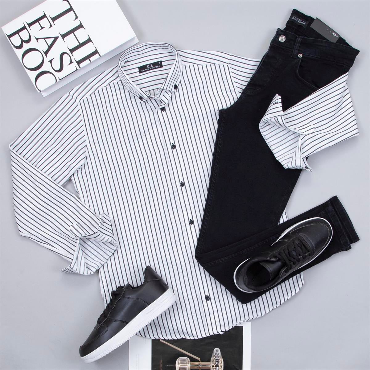 Çizgili Beyaz Gömlek Pantolon Ayakkabı Kombin