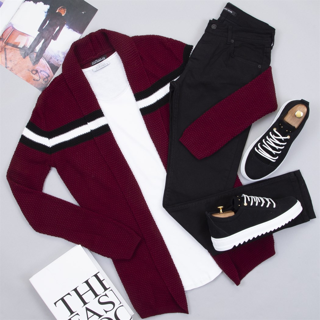 Çizgili Bordo Hırka Tişört Pantolon Ayakkabı Kombin