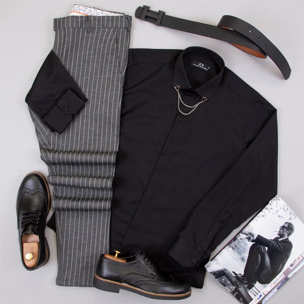 Çizgili Füme Pantolon Gömlek Ayakkabı Kombin