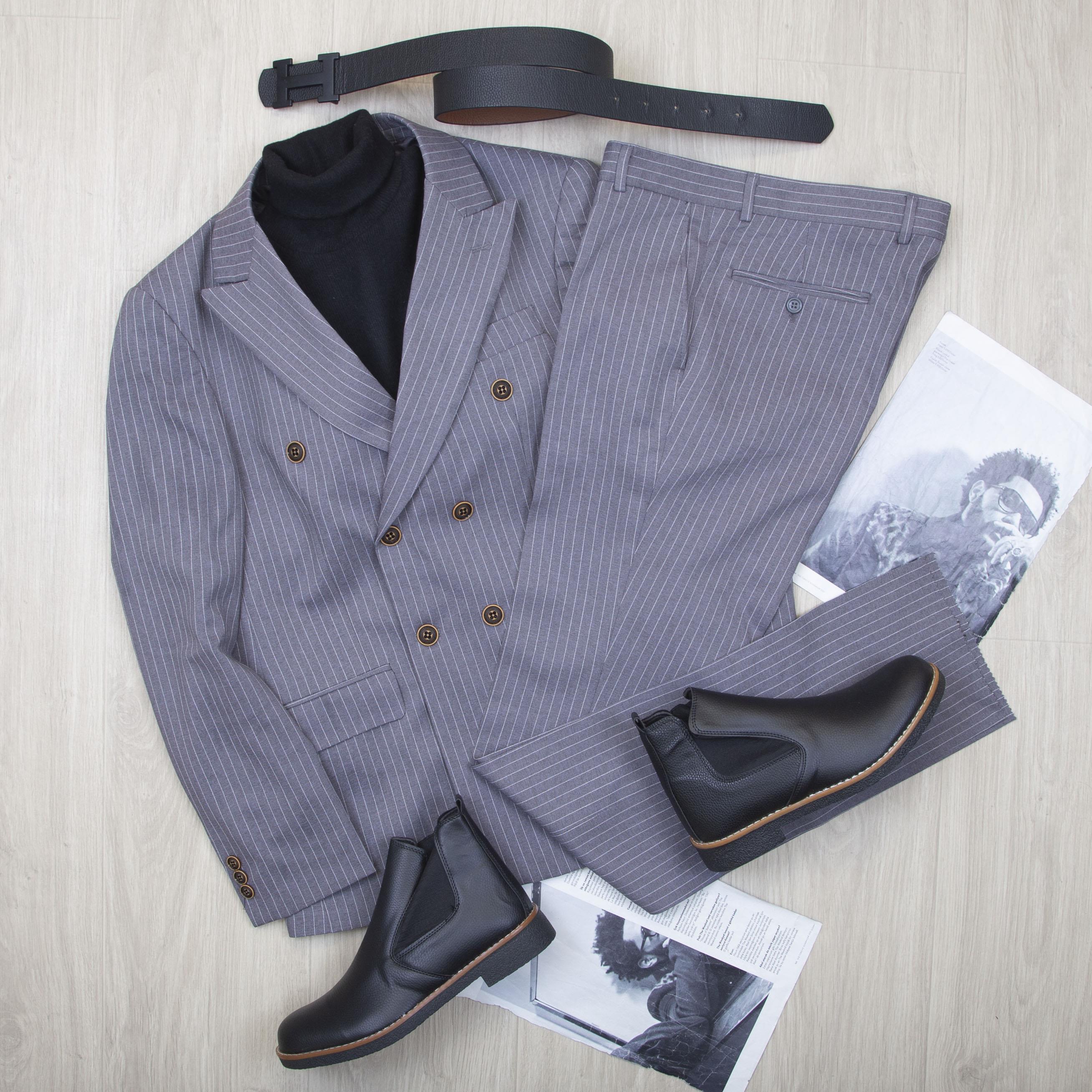 Çizgili Gri Kruvaze Takım Elbise Kombini