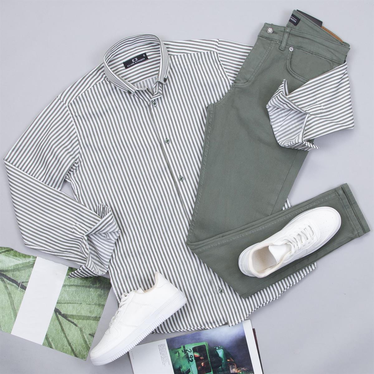 Çizgili Haki Gömlek Pantolon Ayakkabı Kombin