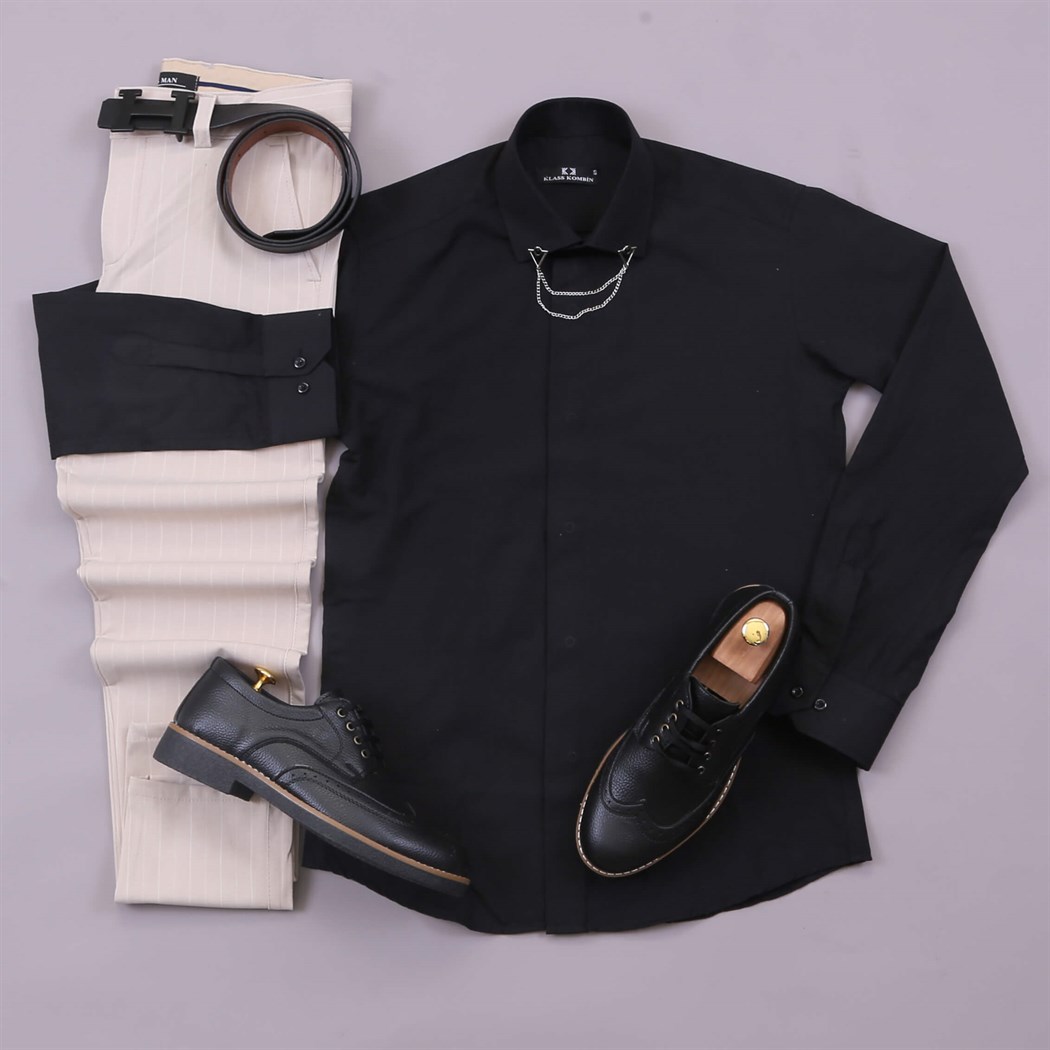 Çizgili Kumaş Pantolon Siyah Gömlek Ayakkabı Kombin