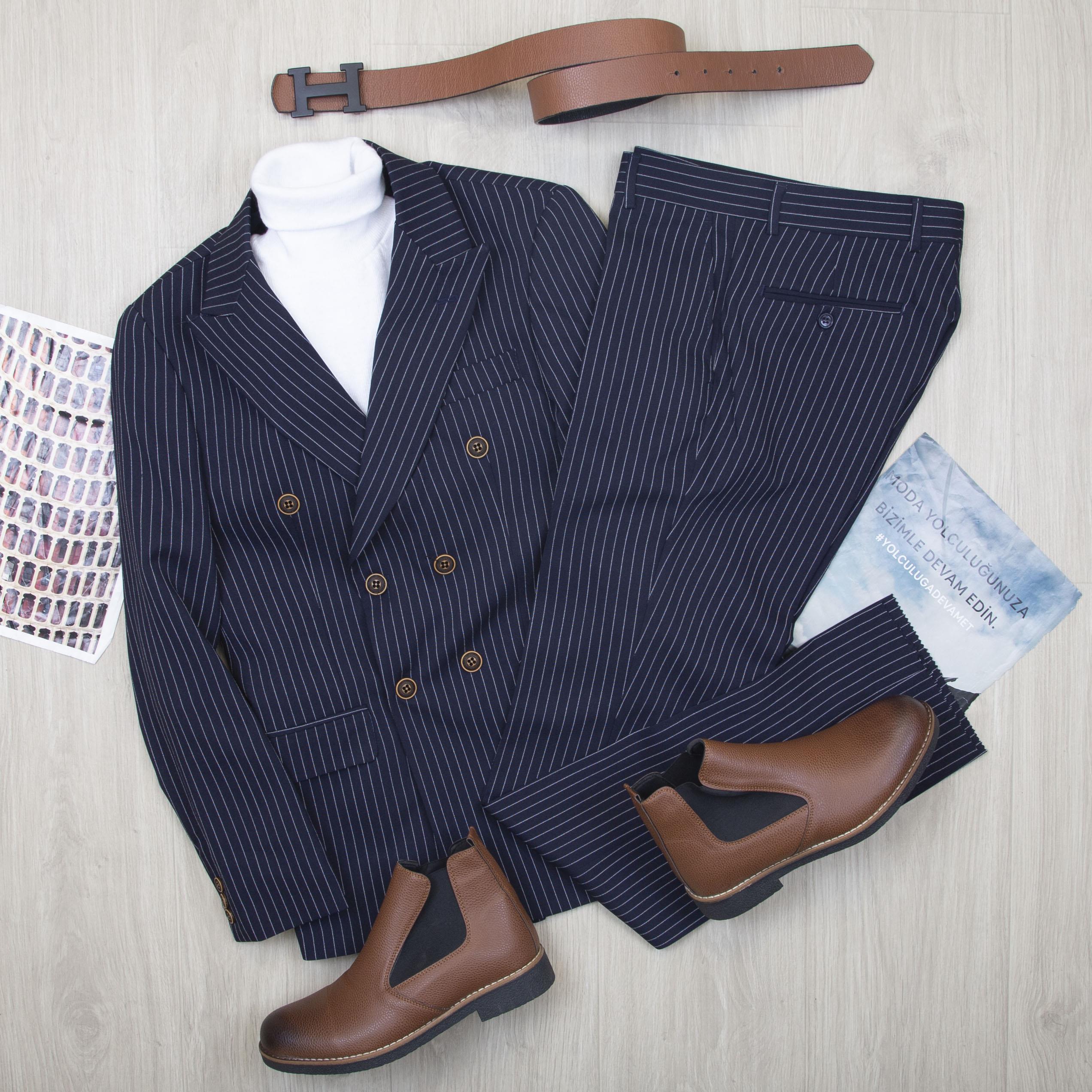 Çizgili Lacivert Kruvaze Takım Elbise Kombini