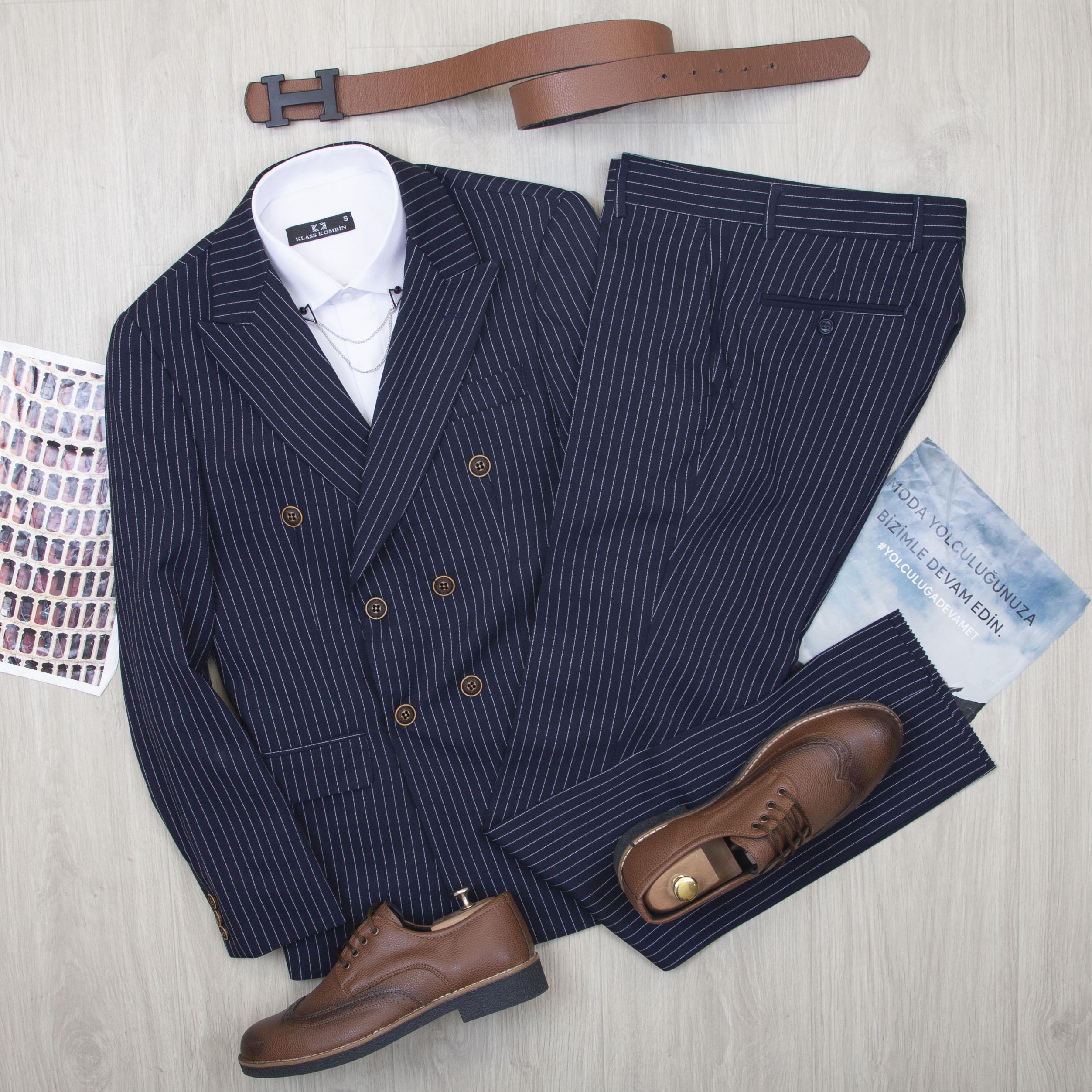 Çizgili Lacivert Kruvaze Takım Elbise Kombini