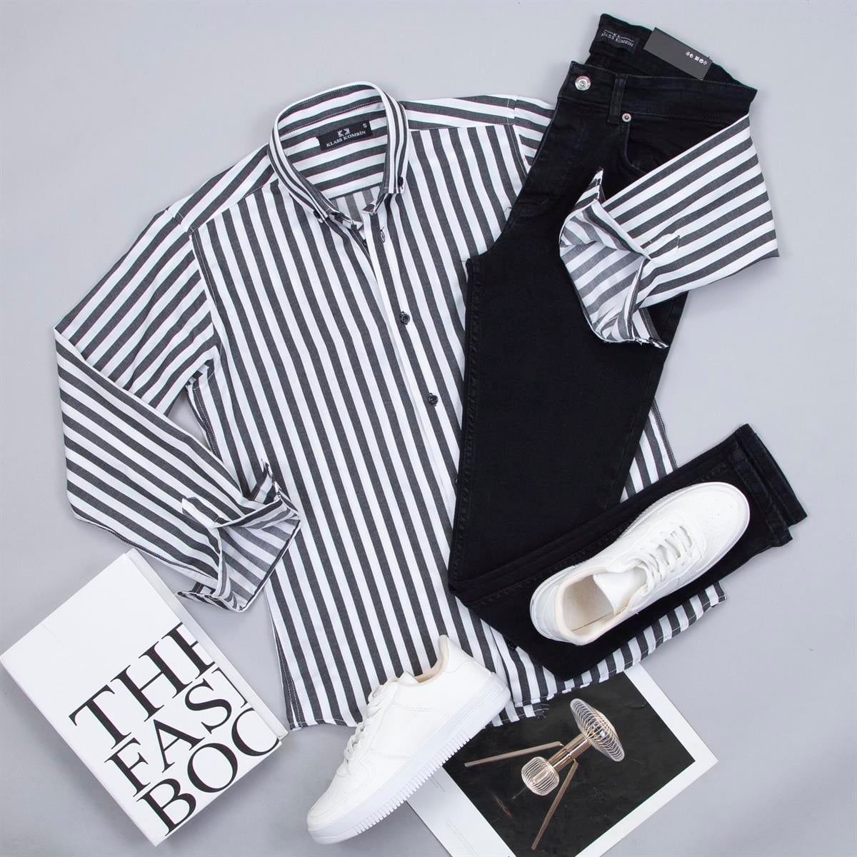 Çizgili Siyah Gömlek Pantolon Ayakkabı Kombin