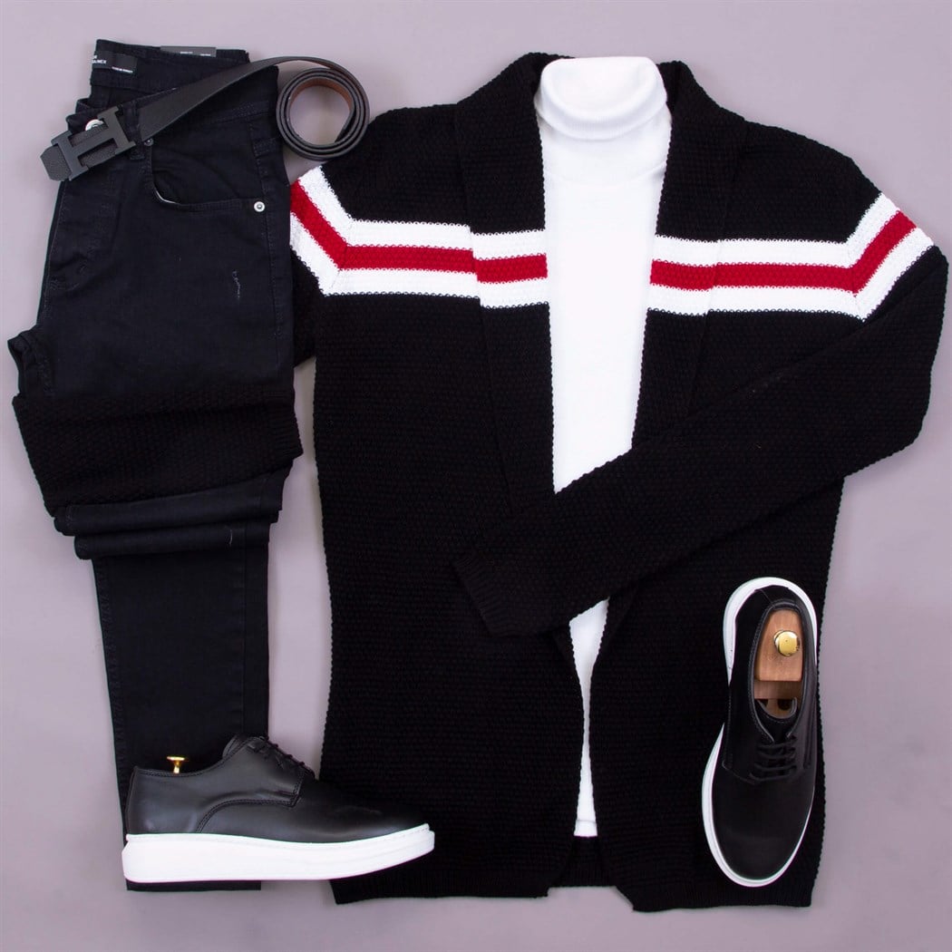 Çizgili Siyah Hırka Kazak Pantolon  Ayakkabı Kombin