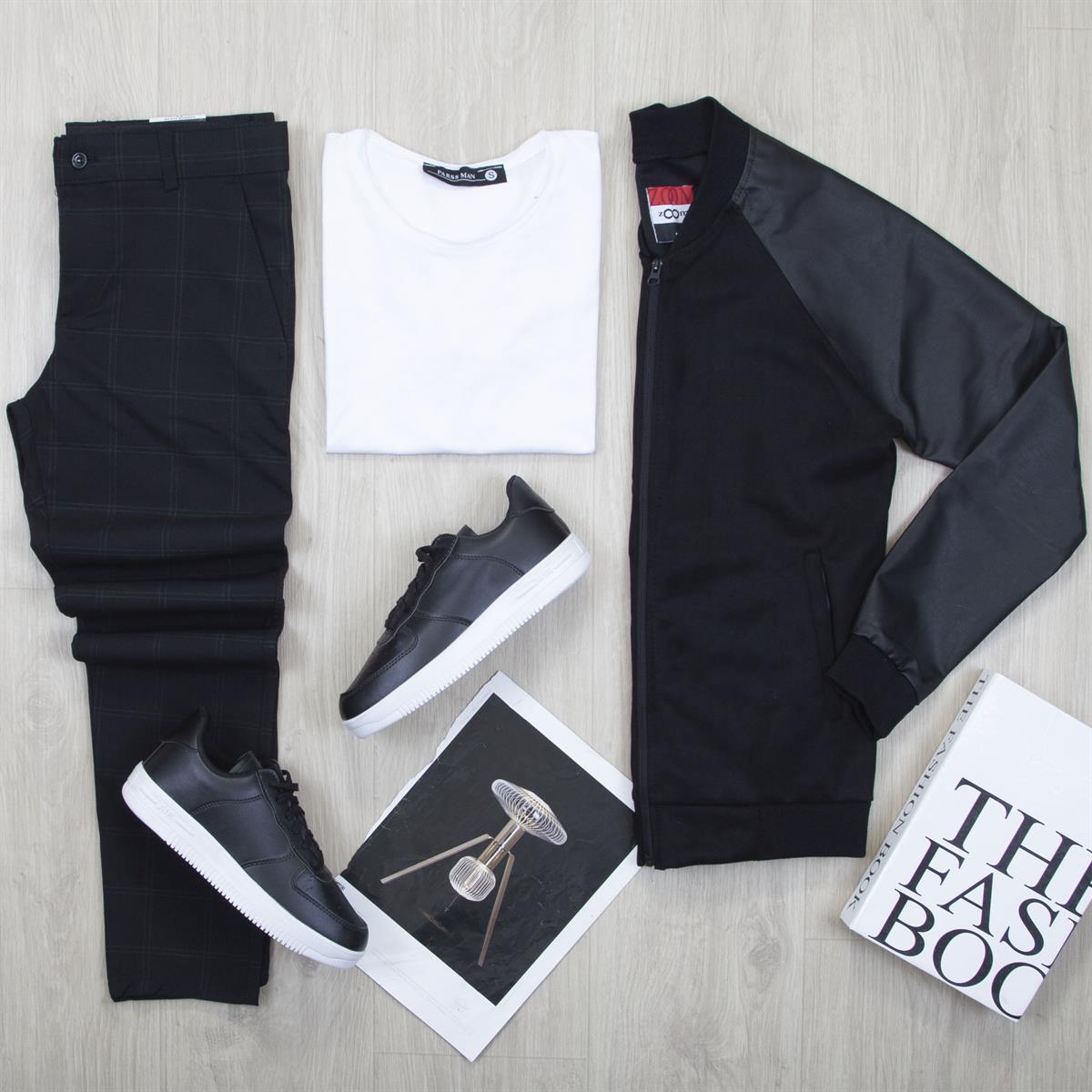 Deri Detaylı Siyah Nubuk Ceket Tişört Pantolon Ayakkabı Kombin