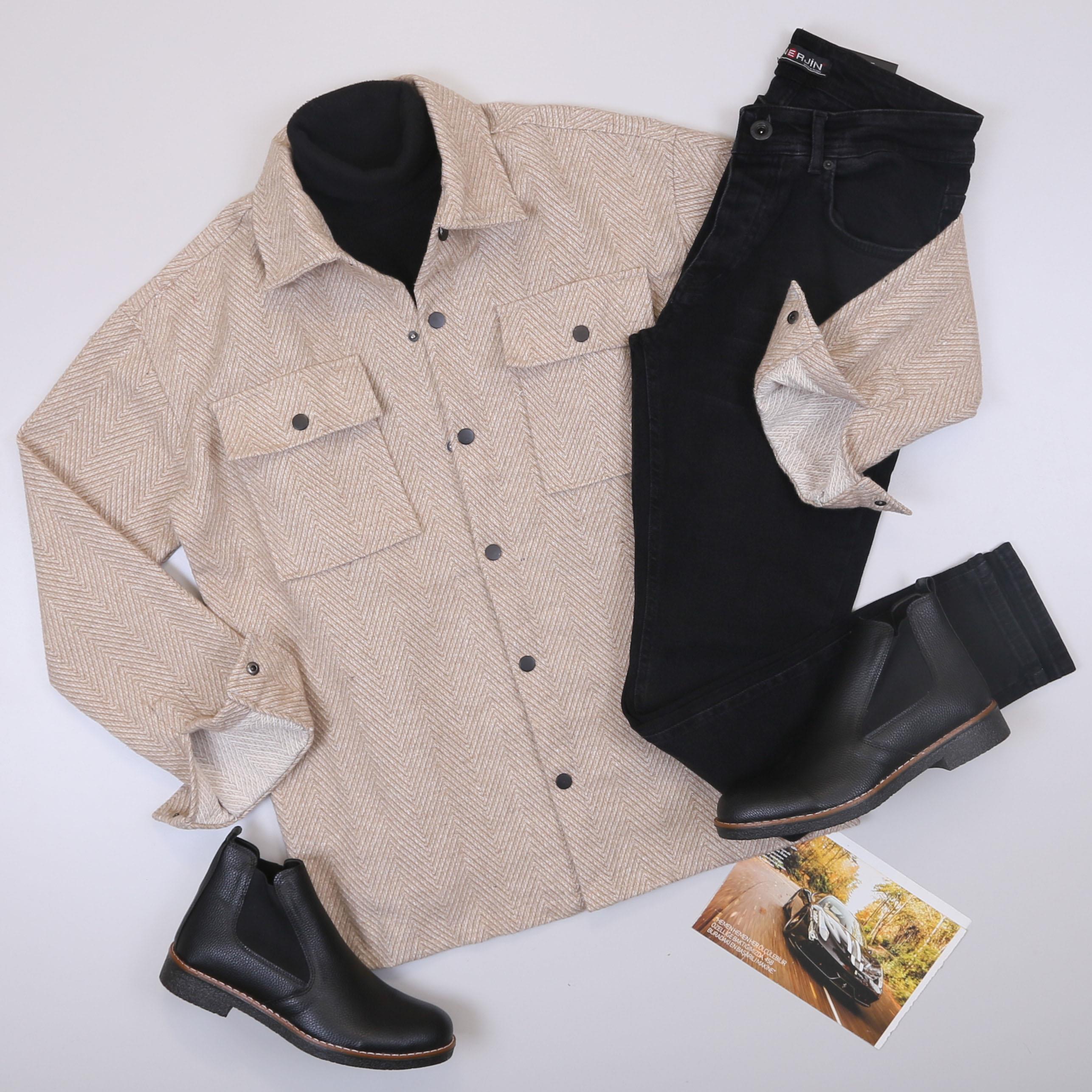 Desenli Bej Gömlek Boğazlı Body Pantolon Bot Kombin