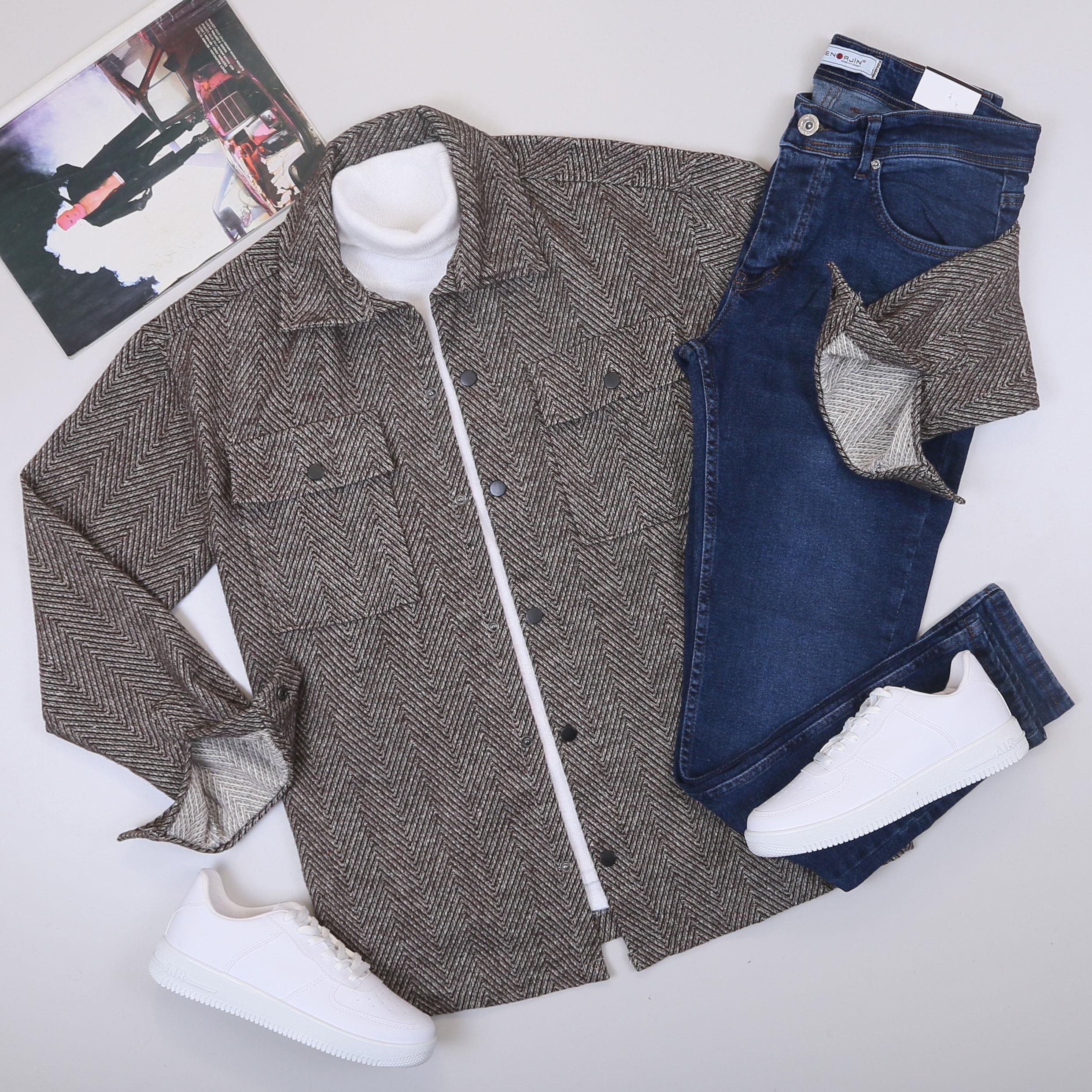 Desenli Kahve Gömlek Boğazlı Body Pantolon Ayakkabı Kombin