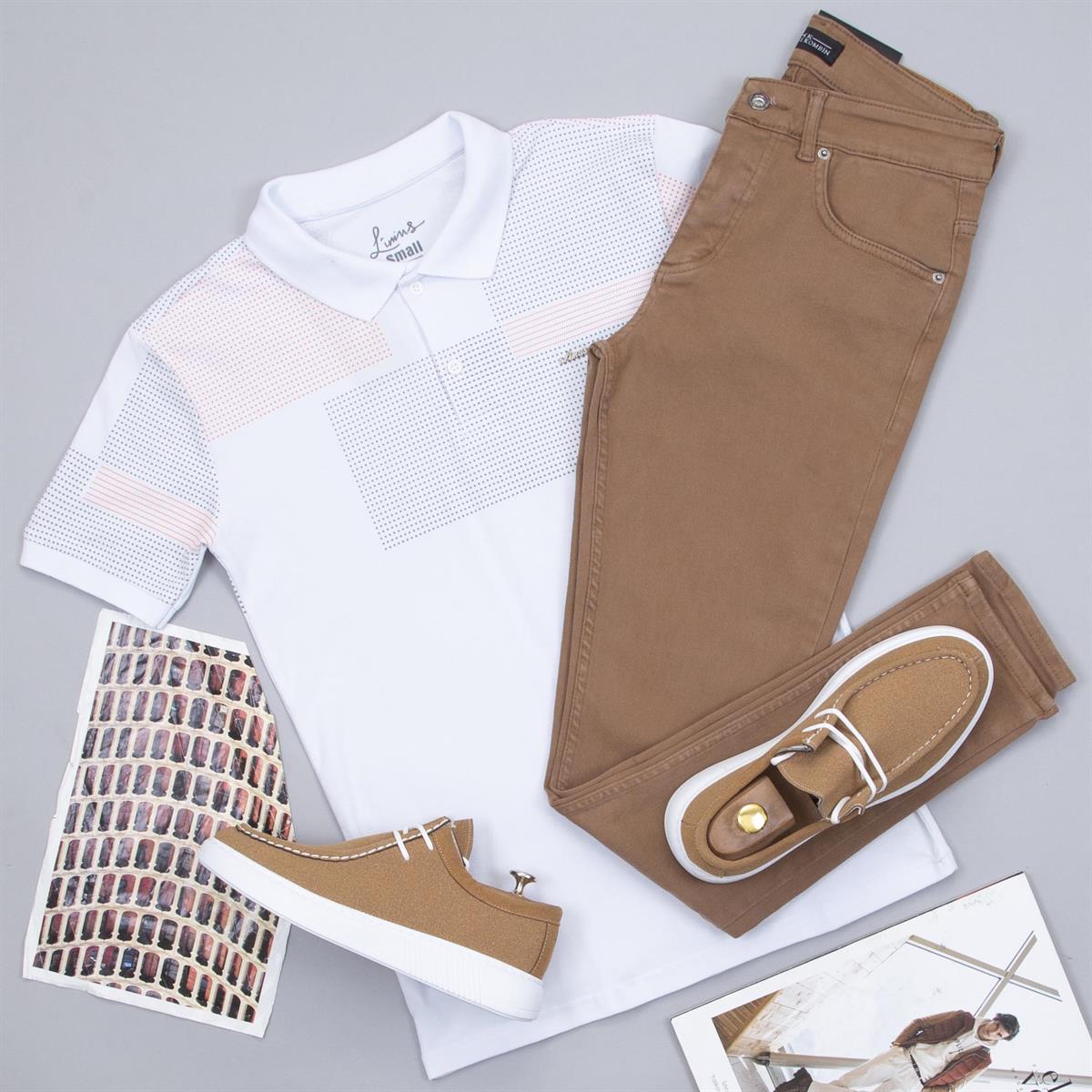 Desenli Polo Yaka Tişört Pantolon Ayakkabı Kombin