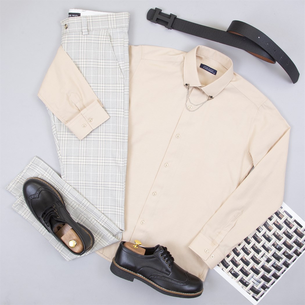 Ekose Bej Pantolon Gömlek Ayakkabı Kombin