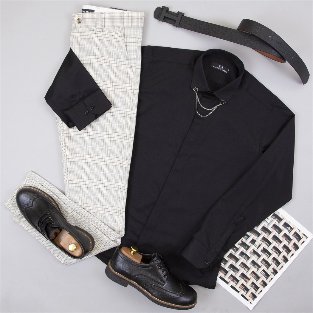 Ekose Bej Pantolon Gömlek Ayakkabı Kombin