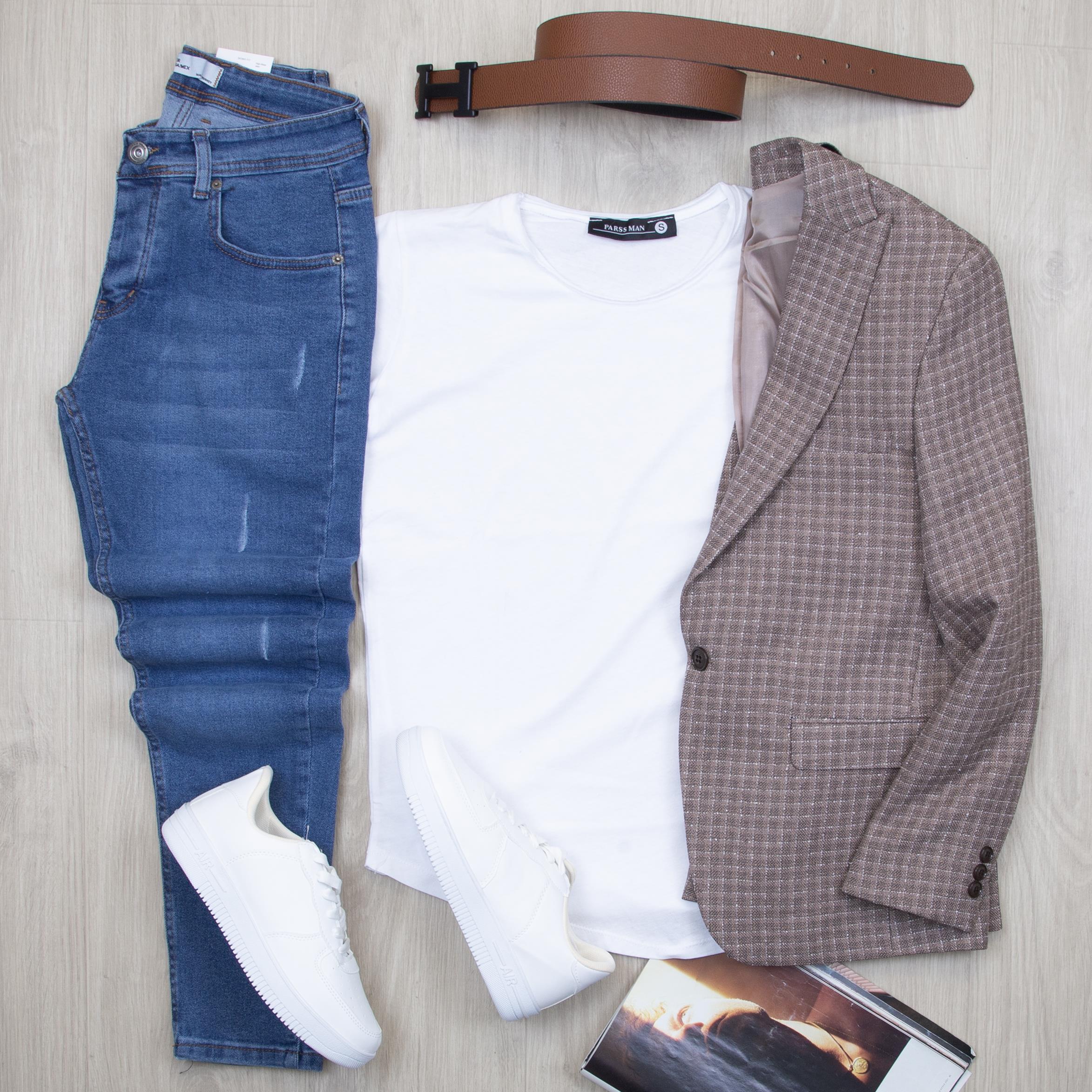 Ekose Kahve Blazer Ceket Tişört Pantolon Ayakkabı Kombin