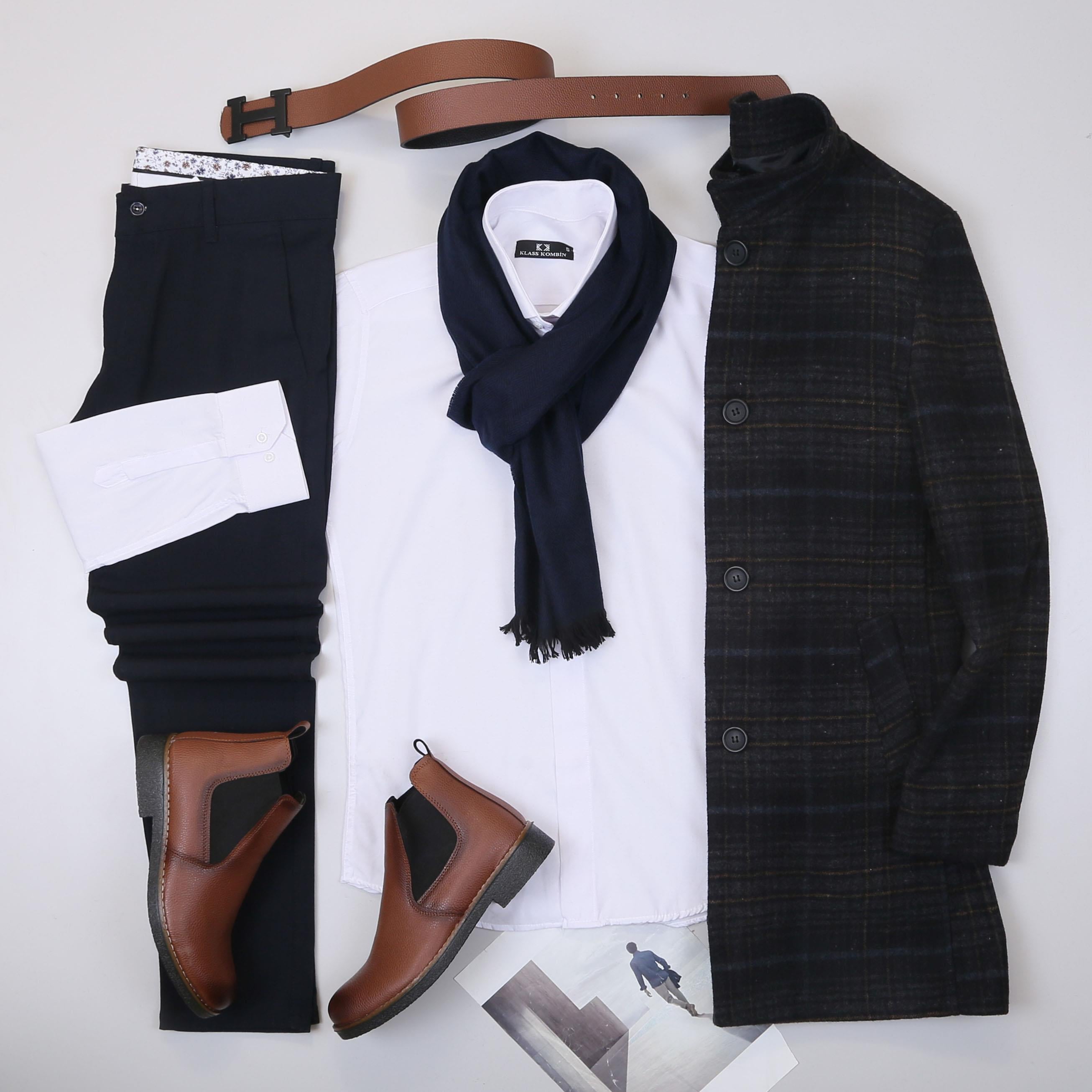 Ekose Kaşe Kaban Gömlek Pantolon Bot Kombin