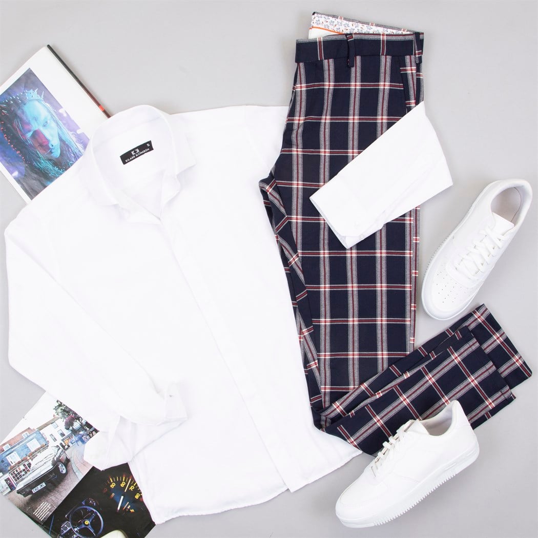 Ekoseli Lacivert Pantolon Gömlek Ayakkabı Kombin