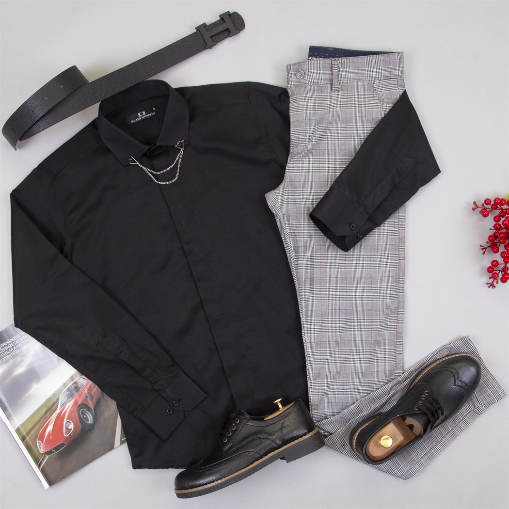 Ekoseli Pantolon Gömlek Ayakkabı Kombini 