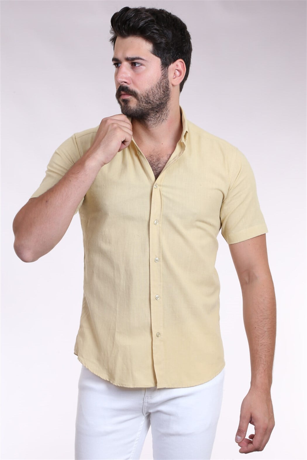 Жълта Ленена Риза с Къс Ръкав