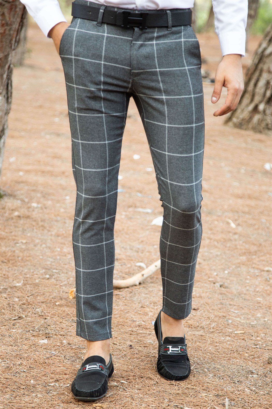 ERKEK SLİM FİT YAN CEP BÜYÜK EKOSE FÜME FÜME