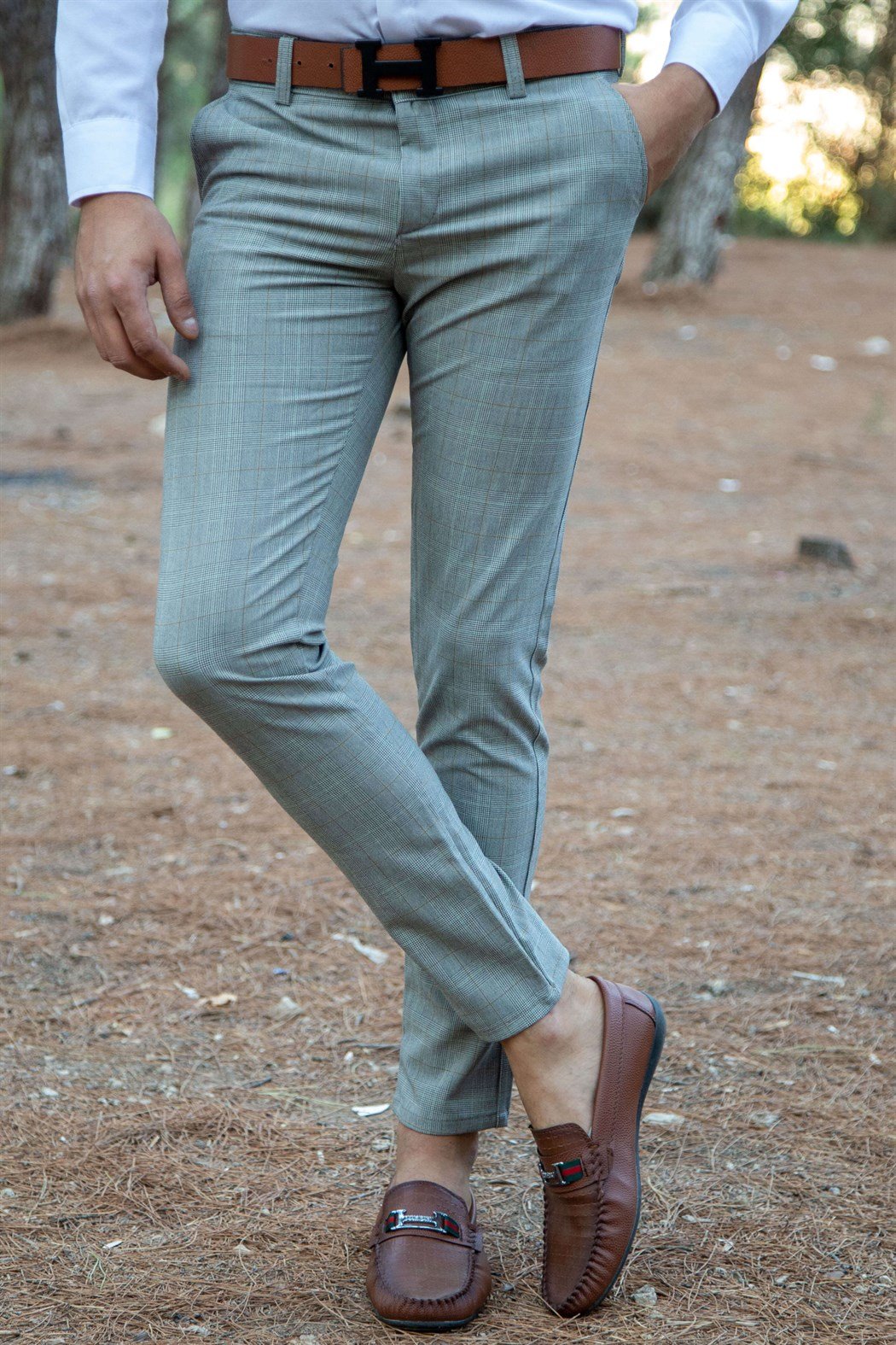 Сив Кариран Класик Панталон 