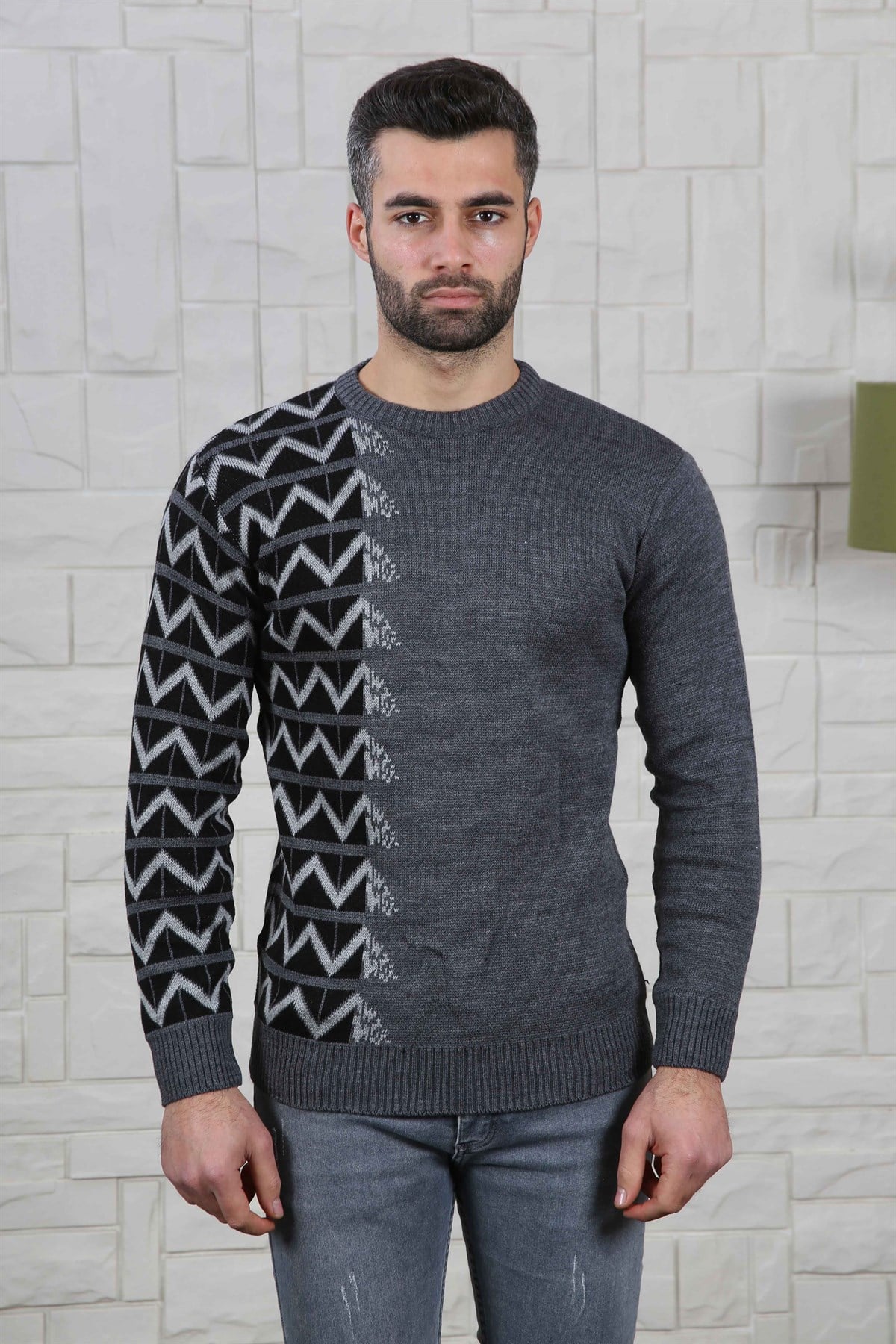 ERKEK YANI ZİGZAG DESEN BİSİKLET YAKA ERKEK KAZAK FÜME FÜME