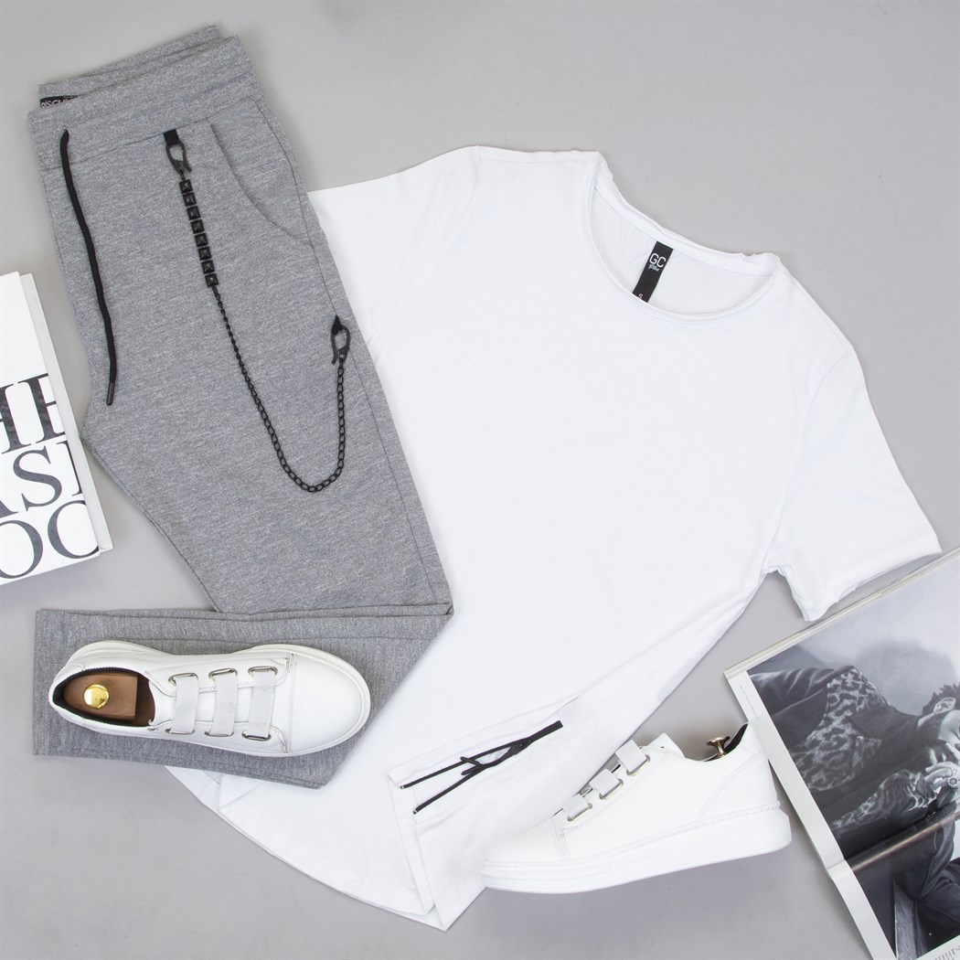 Fermuar Detaylı Tişört Gri Zincirli Jogger Ayakkabı Kombin