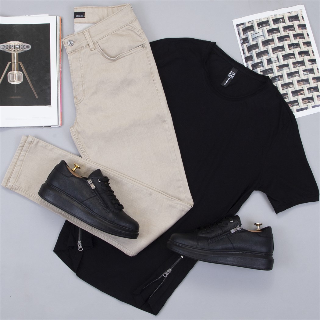 Fermuar Detaylı Tişört Pantolon Ayakkabı Kombin