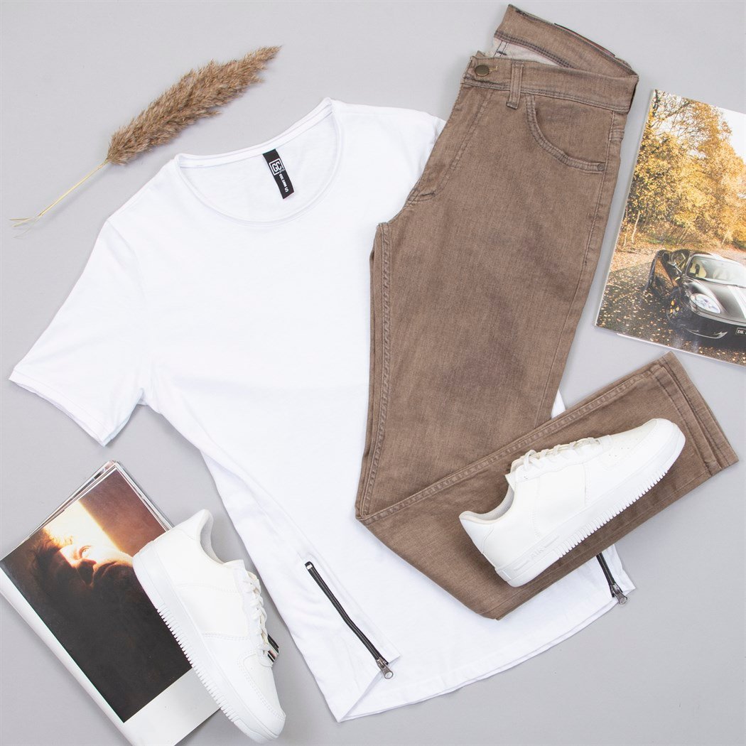 Fermuar Detaylı Tişört Pantolon Ayakkabı Kombin