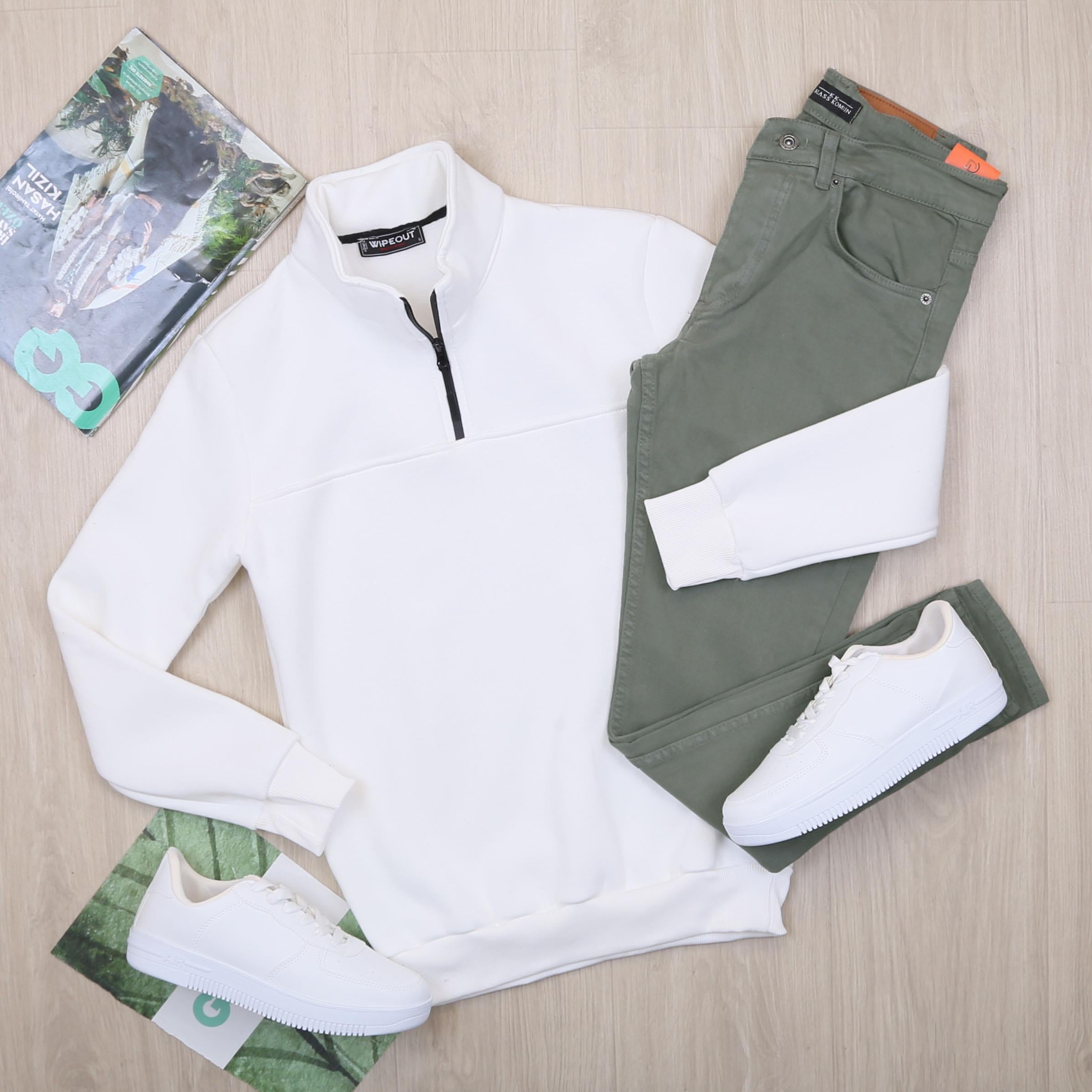 Fermuarlı Beyaz Sweat Pantolon Ayakkabı Kombin