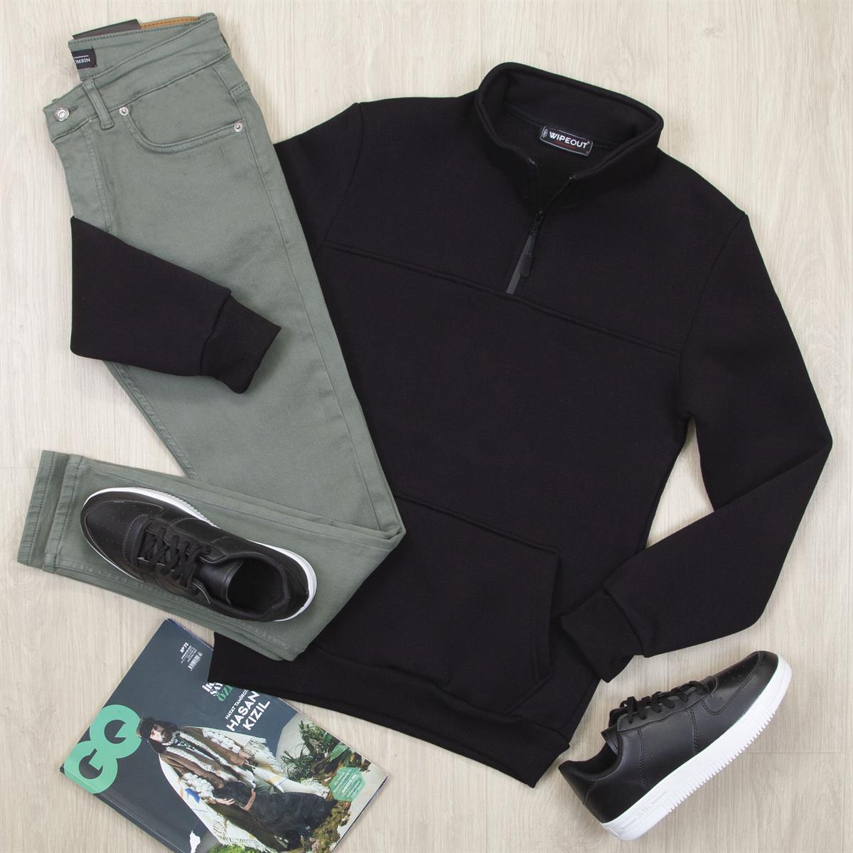 Fermuarlı Siyah Sweat Pantolon Ayakkabı Kombin