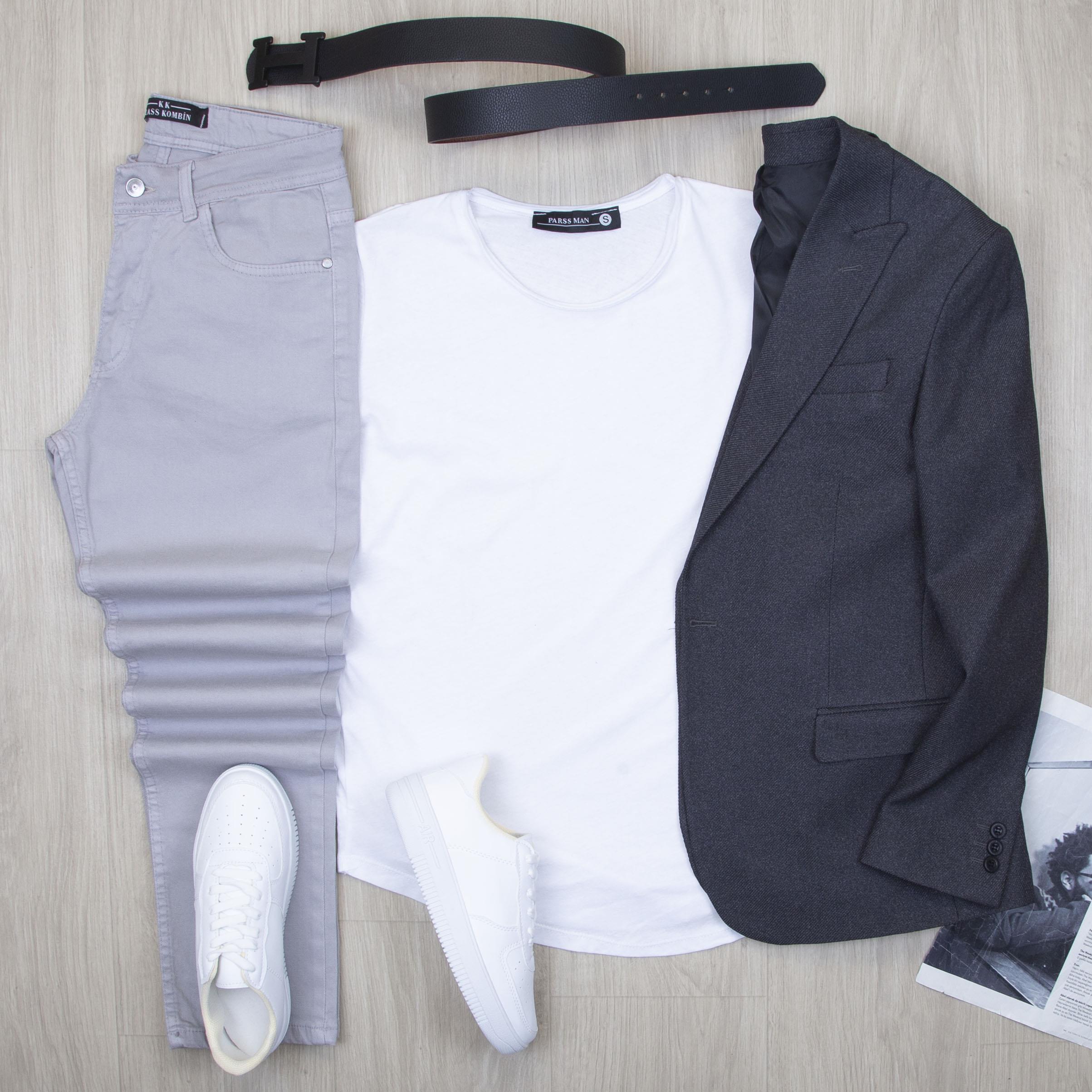 Füme Blazer Ceket Tişört Pantolon Ayakkabı Kombin