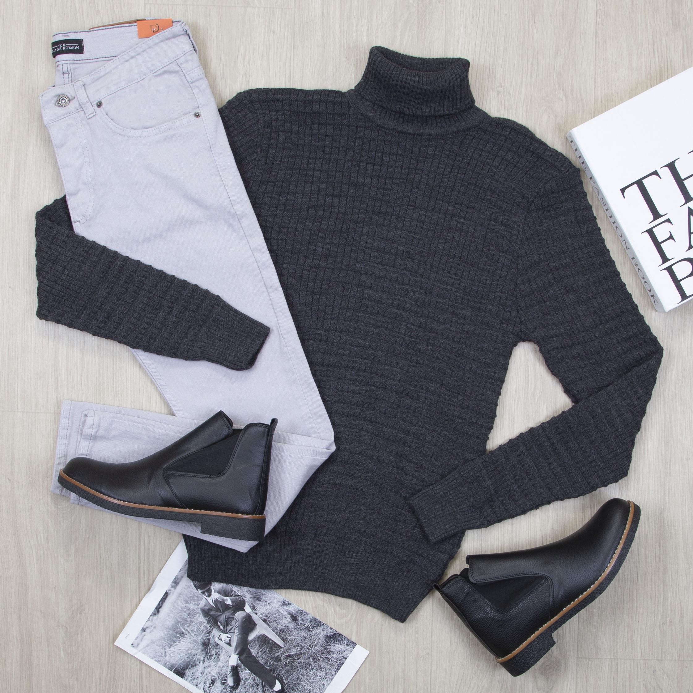 Füme Boğazlı Triko Kazak Pantolon Bot Kombin