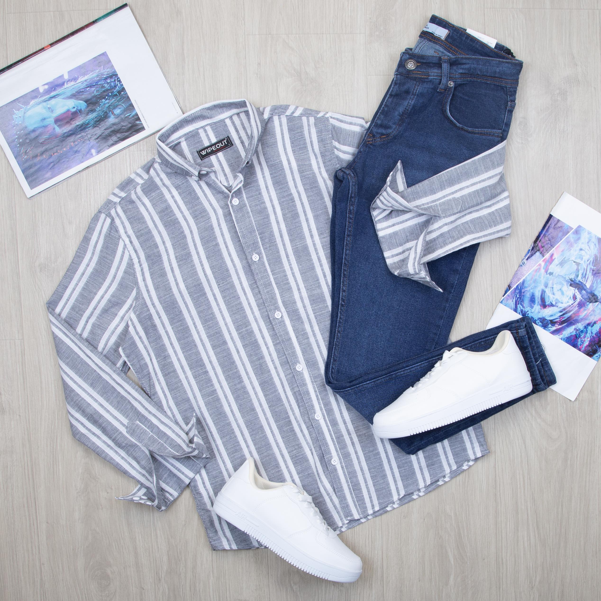 Füme çizgili Gömlek Pantolon Ayakkabı Kombin