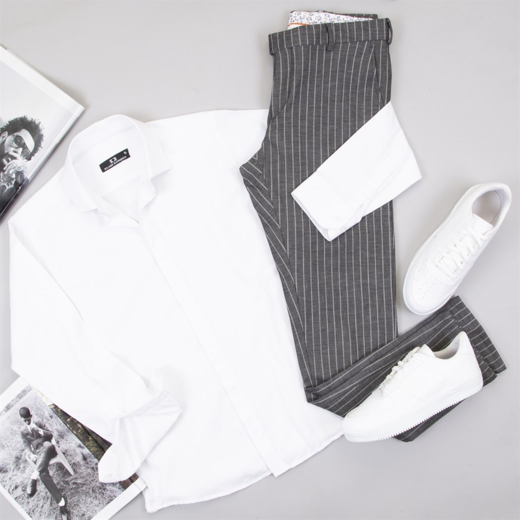Füme Çizgili Pantolon Gömlek Ayakkabı Kombin