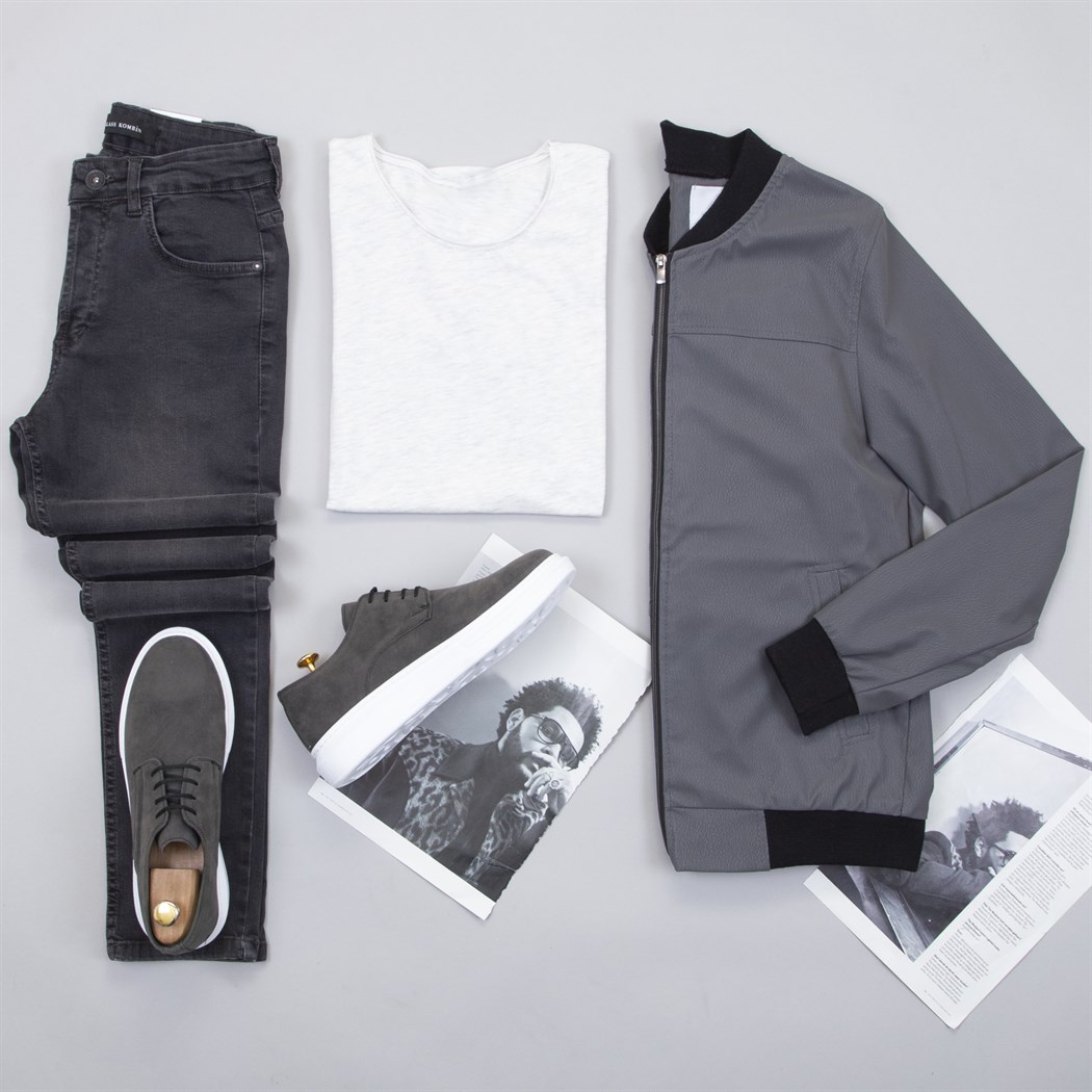 Füme Deri Ceket Tişört Pantolon Ayakkabı Kombin