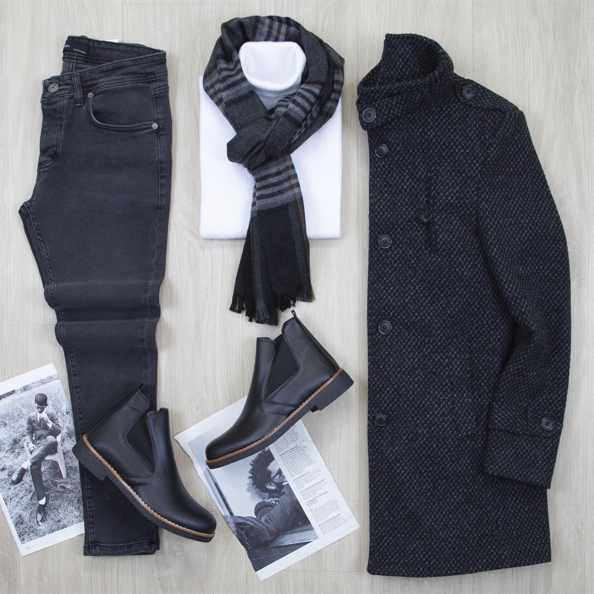 Füme Desenli Kaşe Kaban Boğazlı Body Pantolon Bot Kombin