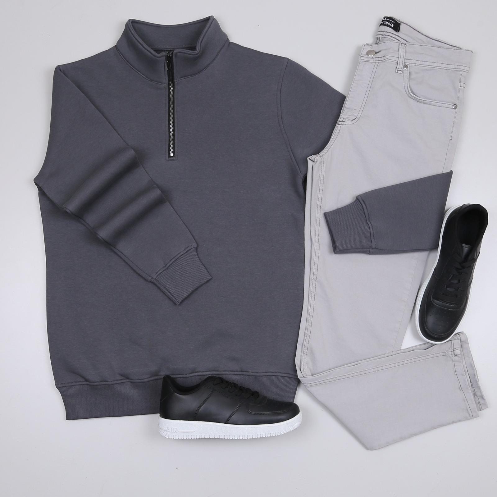 Füme Dik Yaka Sweatshirt Gri Kot Pantolon Ayakkabı  Kombini