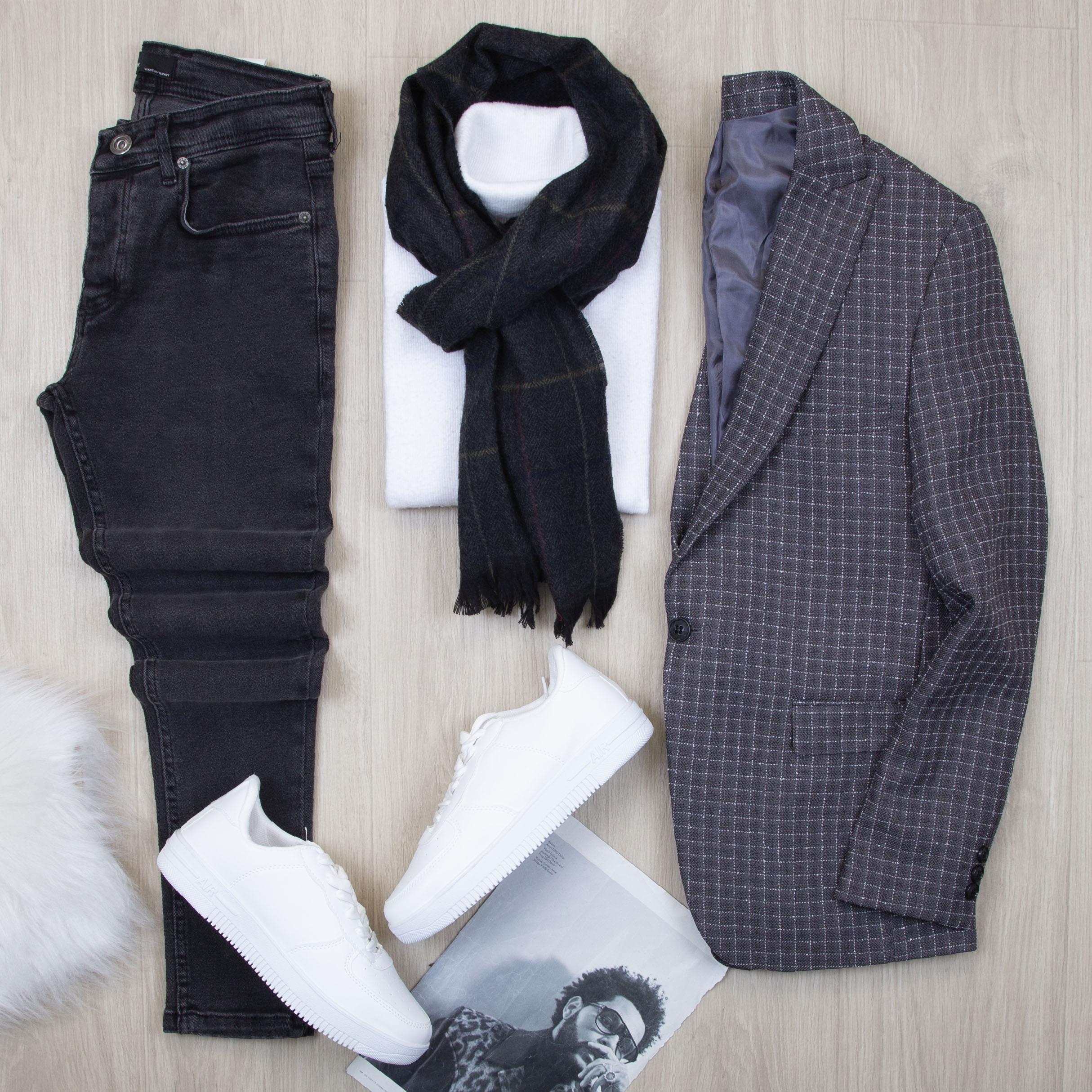 Füme Ekose Blazer Ceket Boğazlı Body Pantolon Ayakkabı Kombin