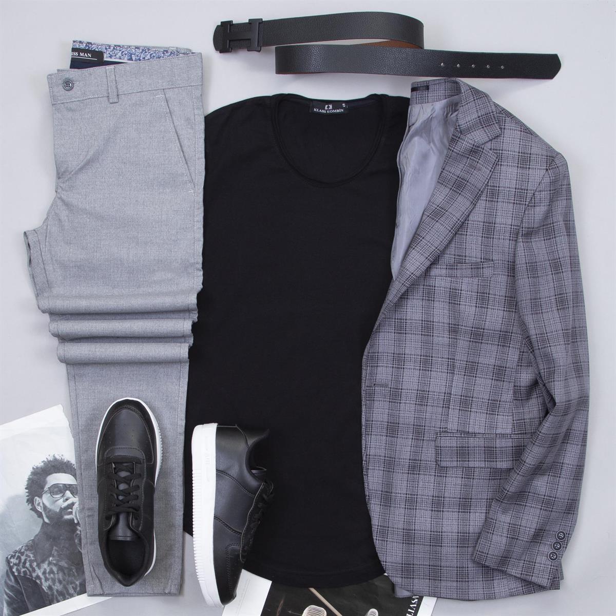 Füme Ekoseli Blazer Ceket Tişört Pantolon Ayakkabı Kombin